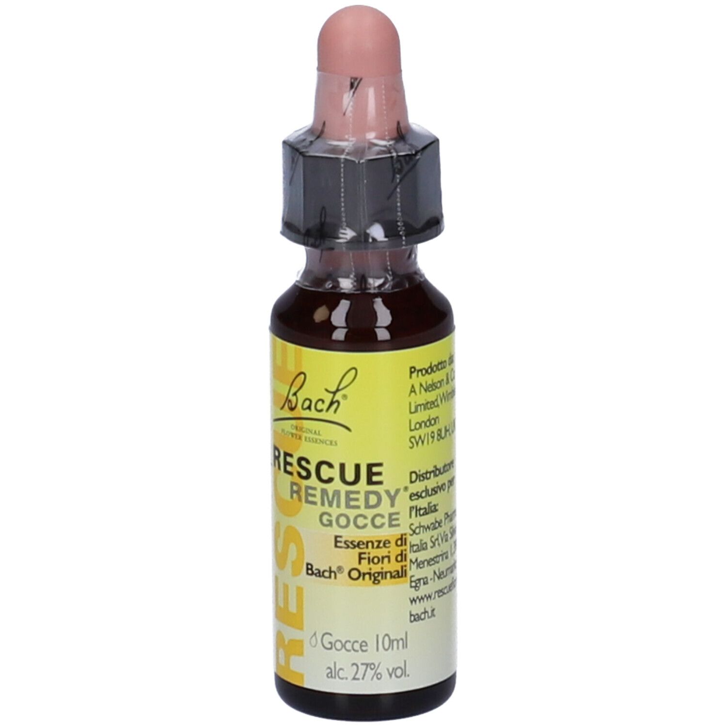 Flacone da 10 ml di Rescue Remedy Gocce di Bach. Flacone in vetro marrone con contagocce. Etichetta gialla.