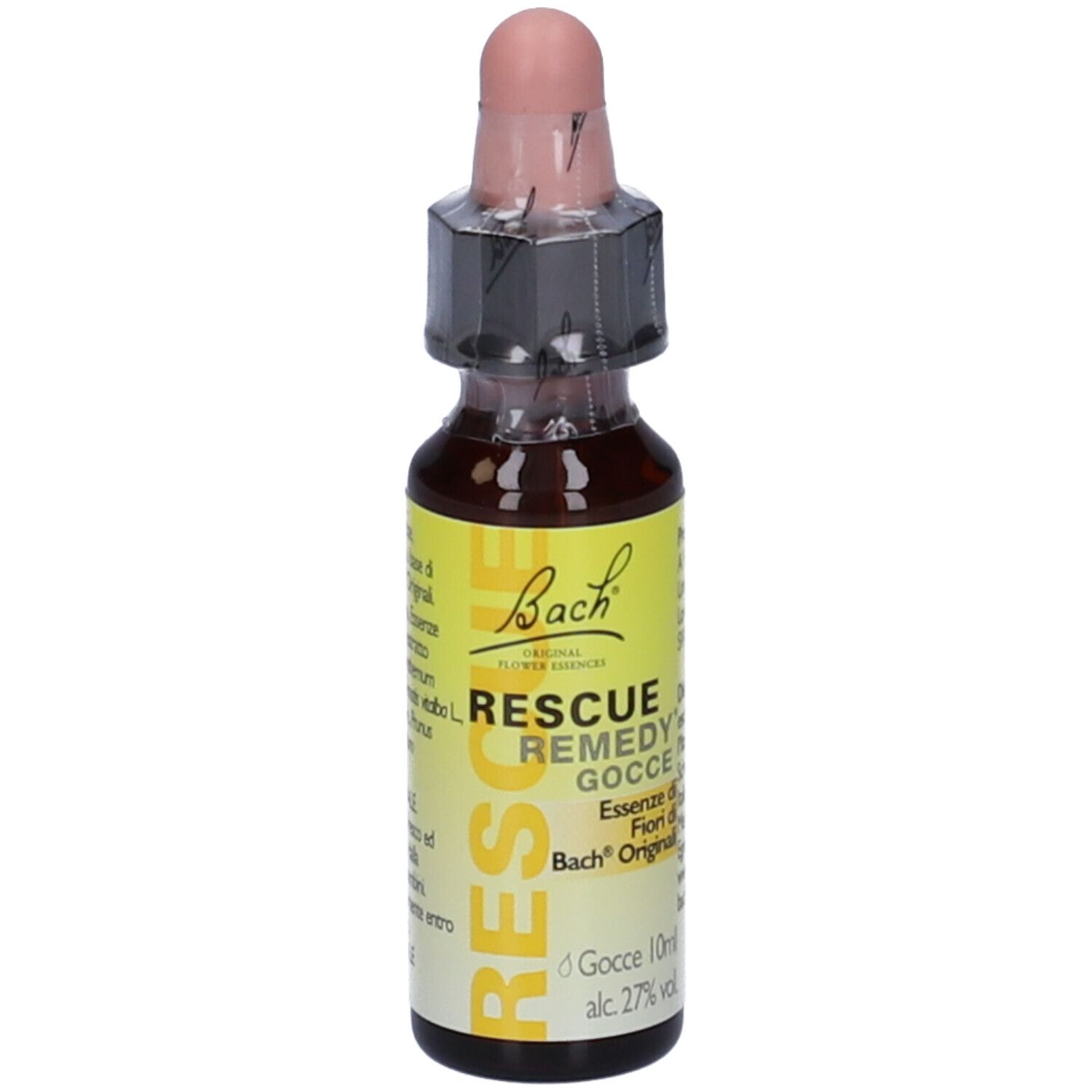 Flacone da 10 ml di Rescue Remedy Gocce di Bach. Flacone in vetro marrone con contagocce. Etichetta gialla.
