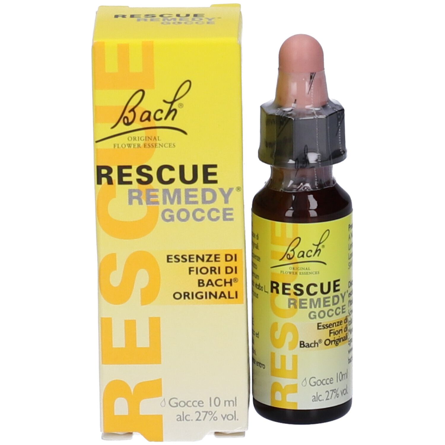 Flacone da 10 ml di Rescue Remedy Gocce di Bach e confezione. Giallo e marrone. Con contagocce.