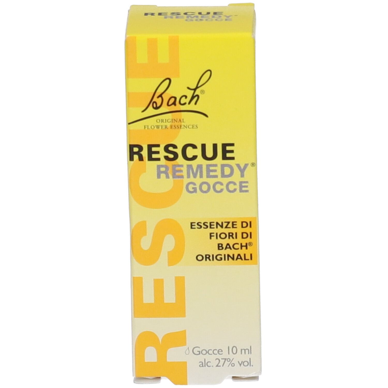 Confezione di Rescue Remedy Gocce di Bach. Scatola gialla con informazioni. Testo marrone.