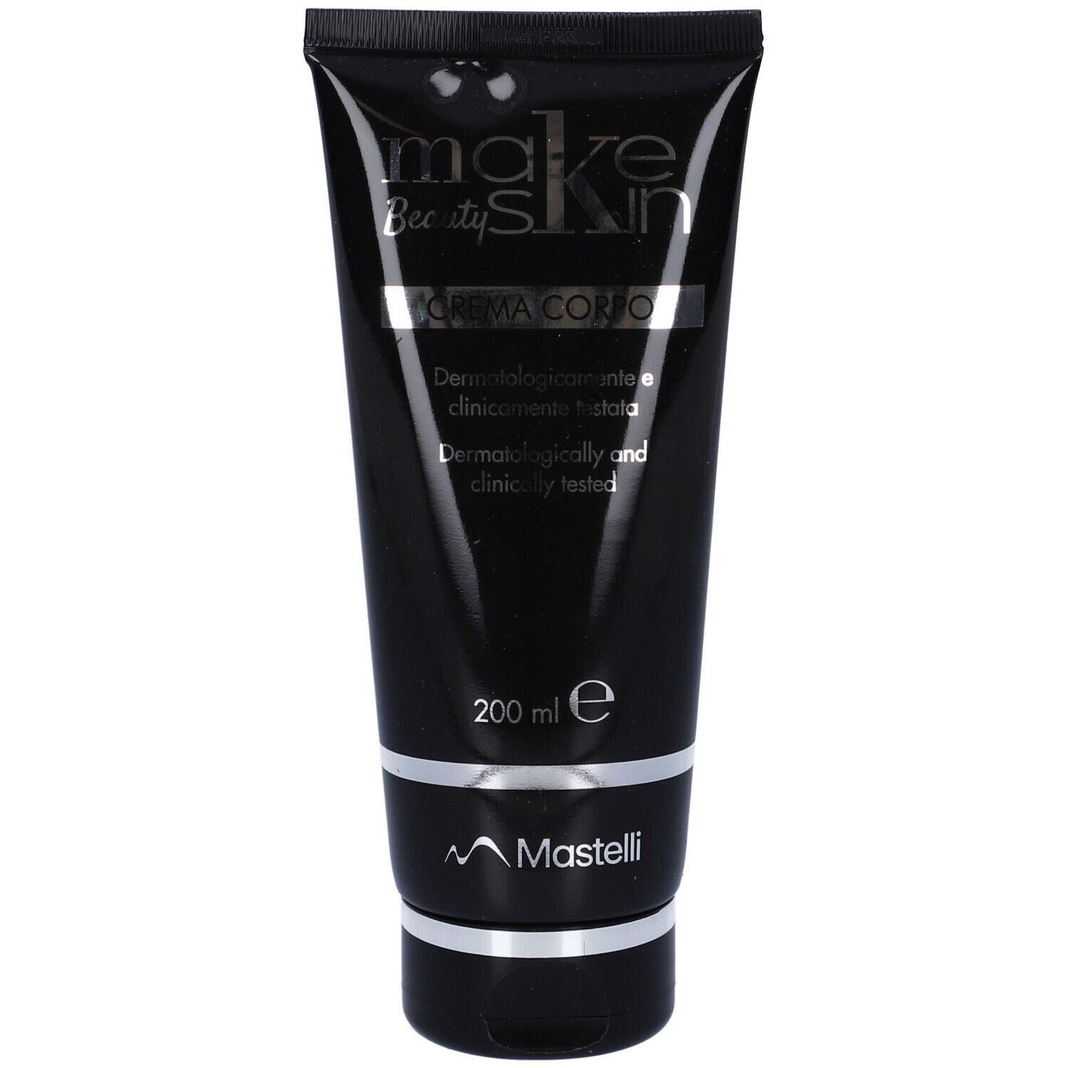 Tubo nero con dettagli argentati. Scritte: "makeskin Beauty", "BODY CREAM", "CREMA CORPO" e "mk".