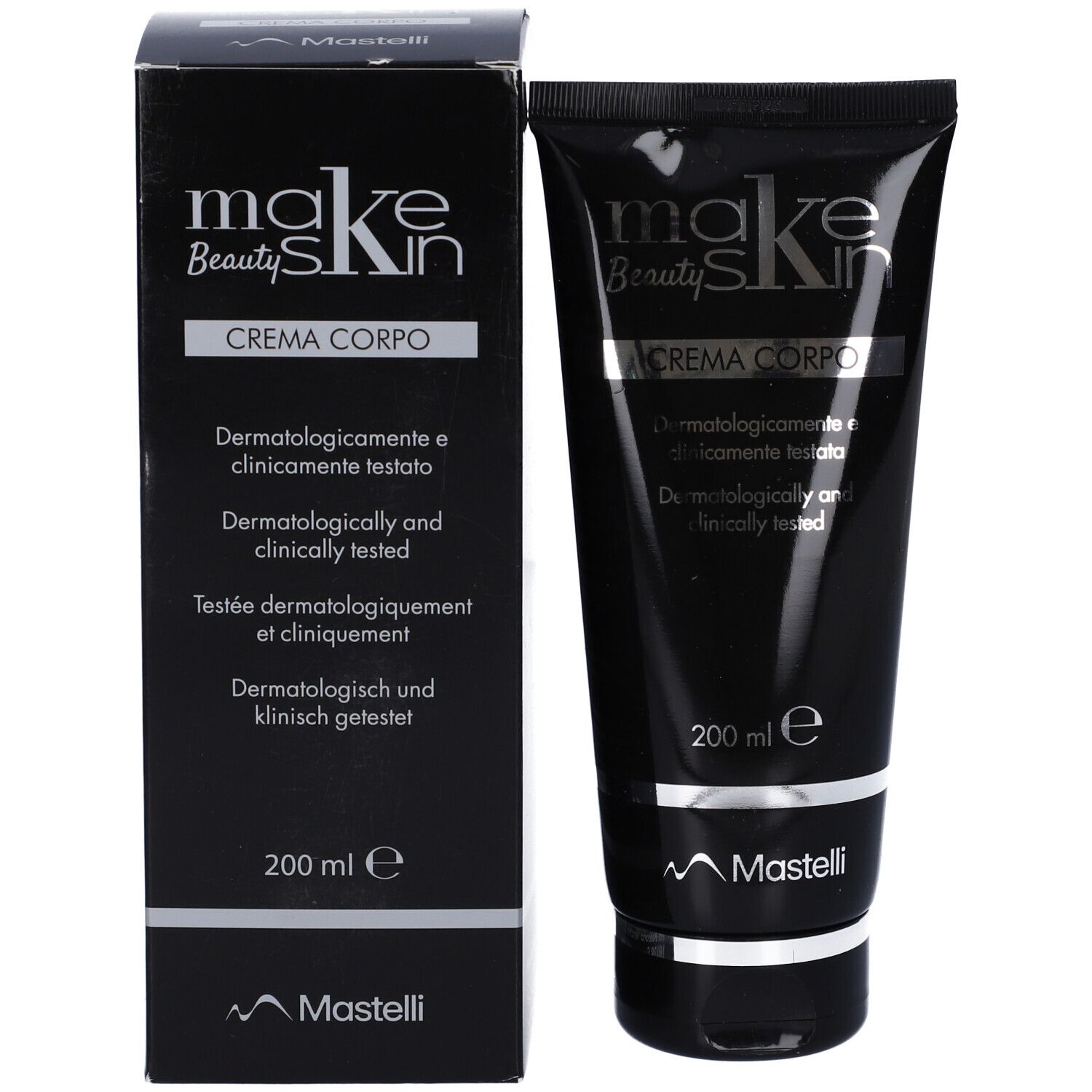 Tubo e scatola neri. "makeskin Beauty" e "Crema Corpo" sul tubo. La scatola presenta testo e il logo "mk".