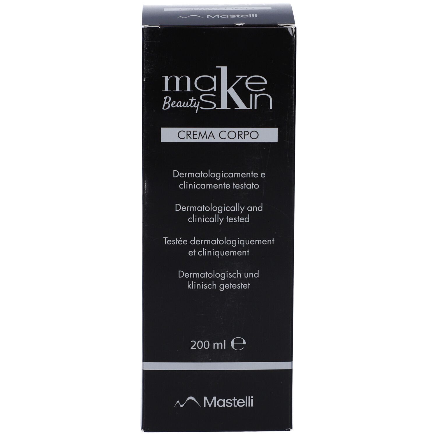 Scatola nera con testo: "makeskin Beauty", "BODY CREAM", "ACTIGYM", "NUCLEOTIDES", "HYALURONIC ACID", "VITAMIN E" e "mk".