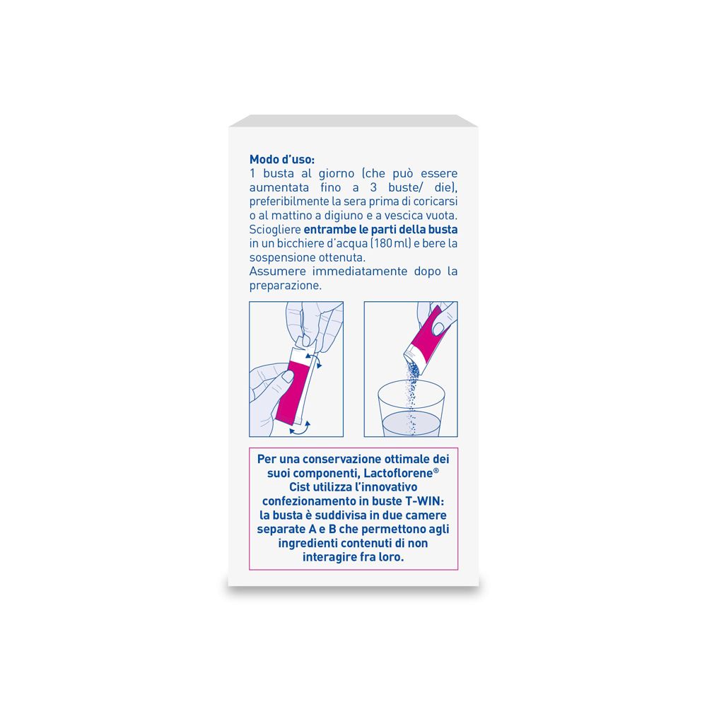 Istruzioni per l'uso di Lactoflorene Cist. Illustrazioni che mostrano la preparazione.