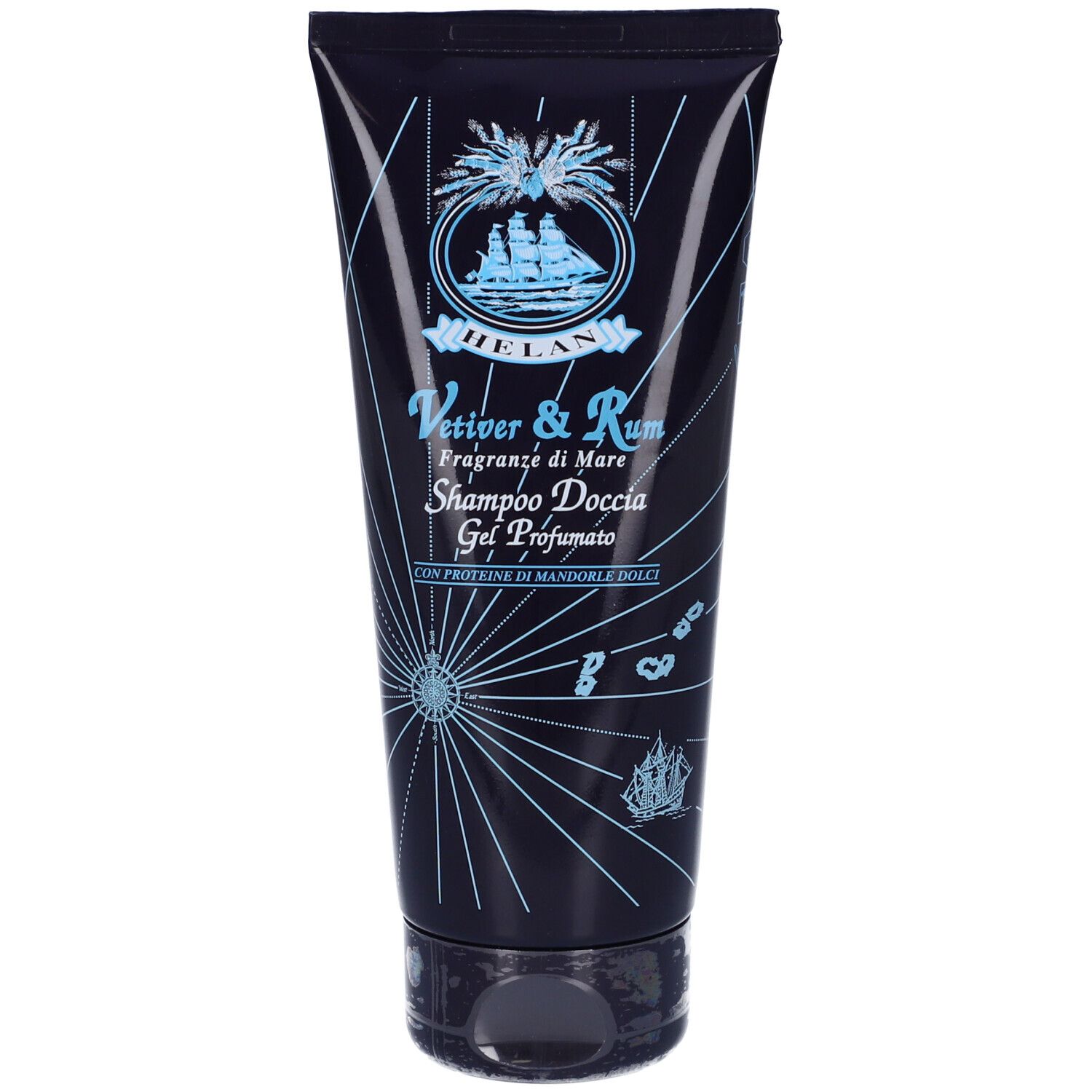 Tubo nero. Testo: HELAN, Vetiver & Rum, Shampoo Doccia Gel Profumato. Logo nave.