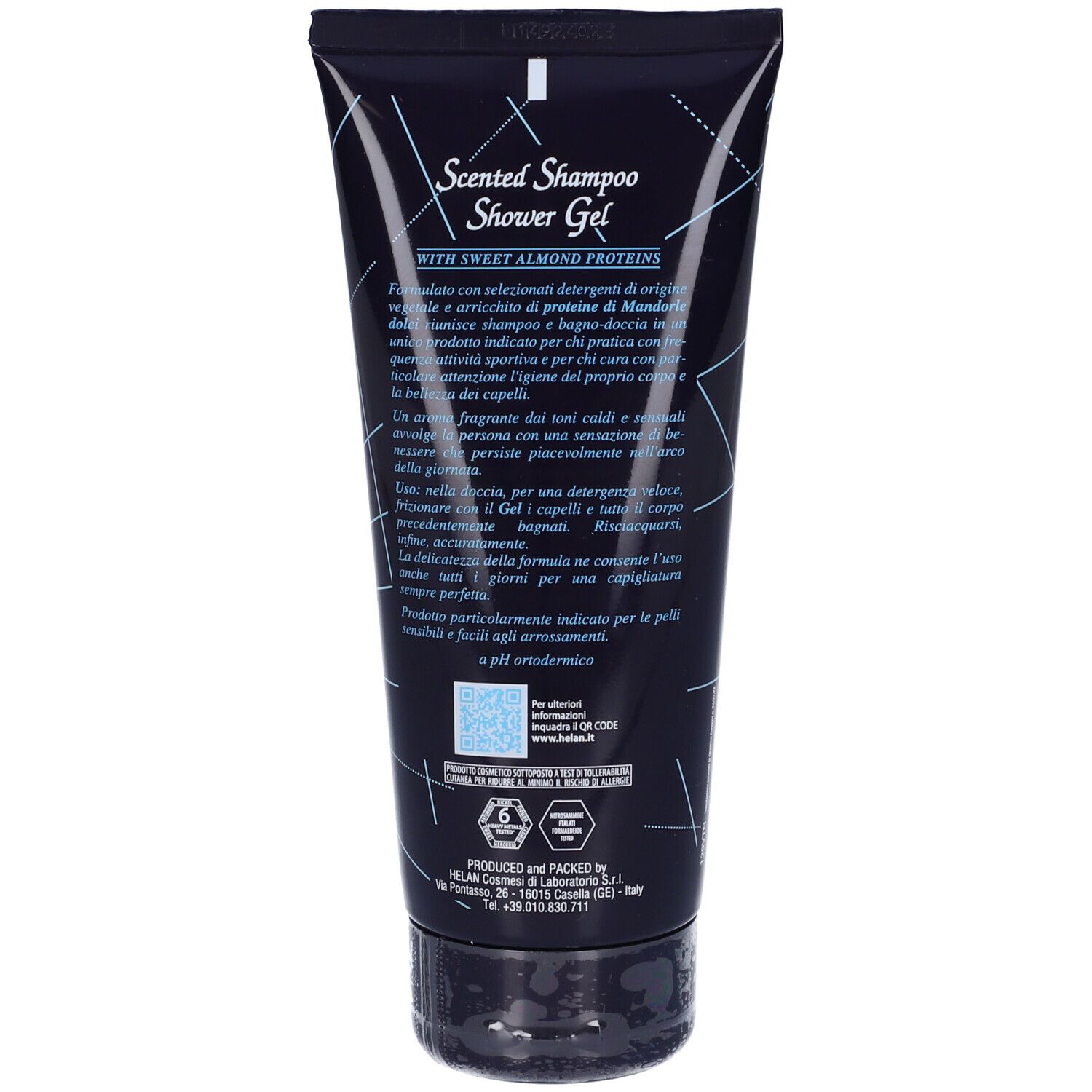 Retro del tubo. Testo: Scented Shampoo Shower Gel. Ingredienti e QR code. Tappo nero.