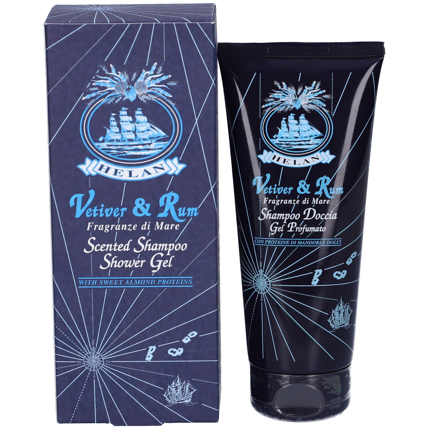 Confezione e tubo. Testo: HELAN, Vetiver & Rum, Scented Shampoo Shower Gel. Logo nave.