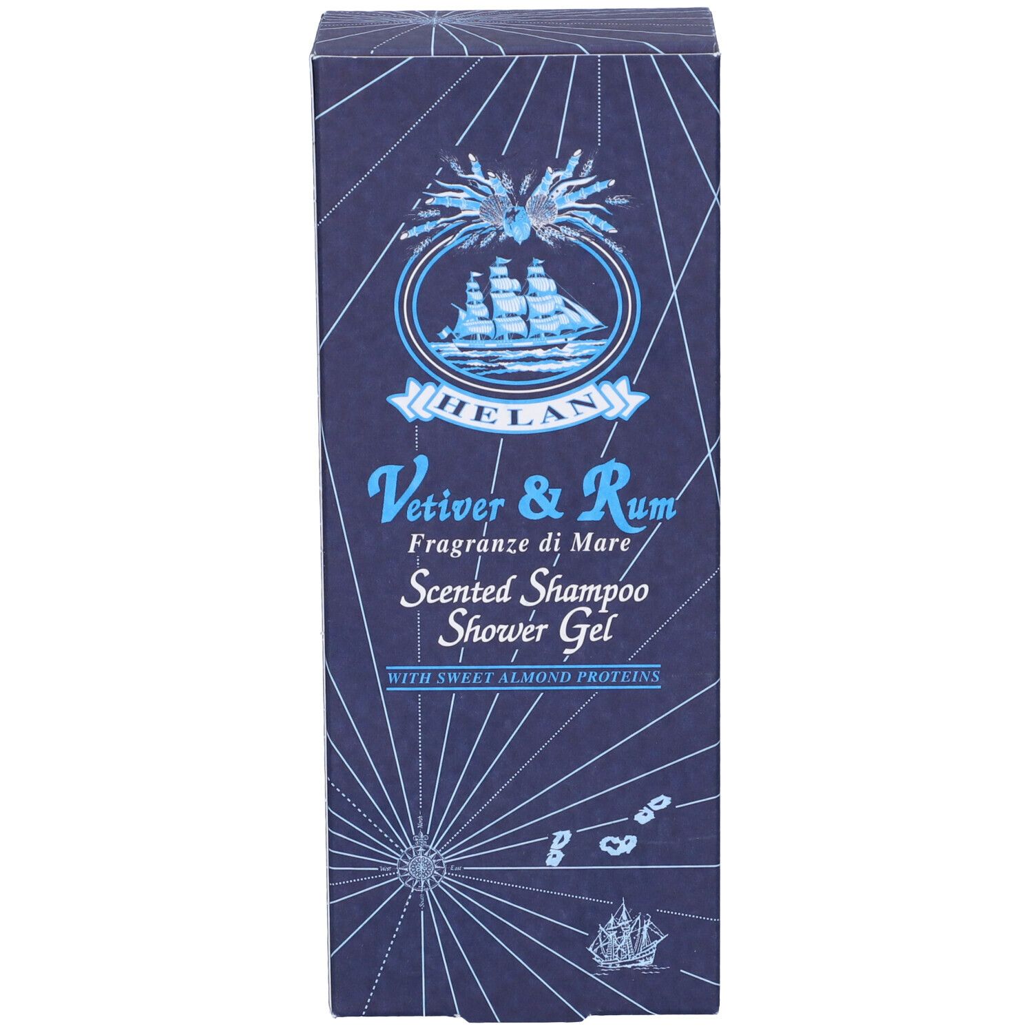 Confezione. Testo: HELAN, Vetiver & Rum, Scented Shampoo Shower Gel. Logo nave.