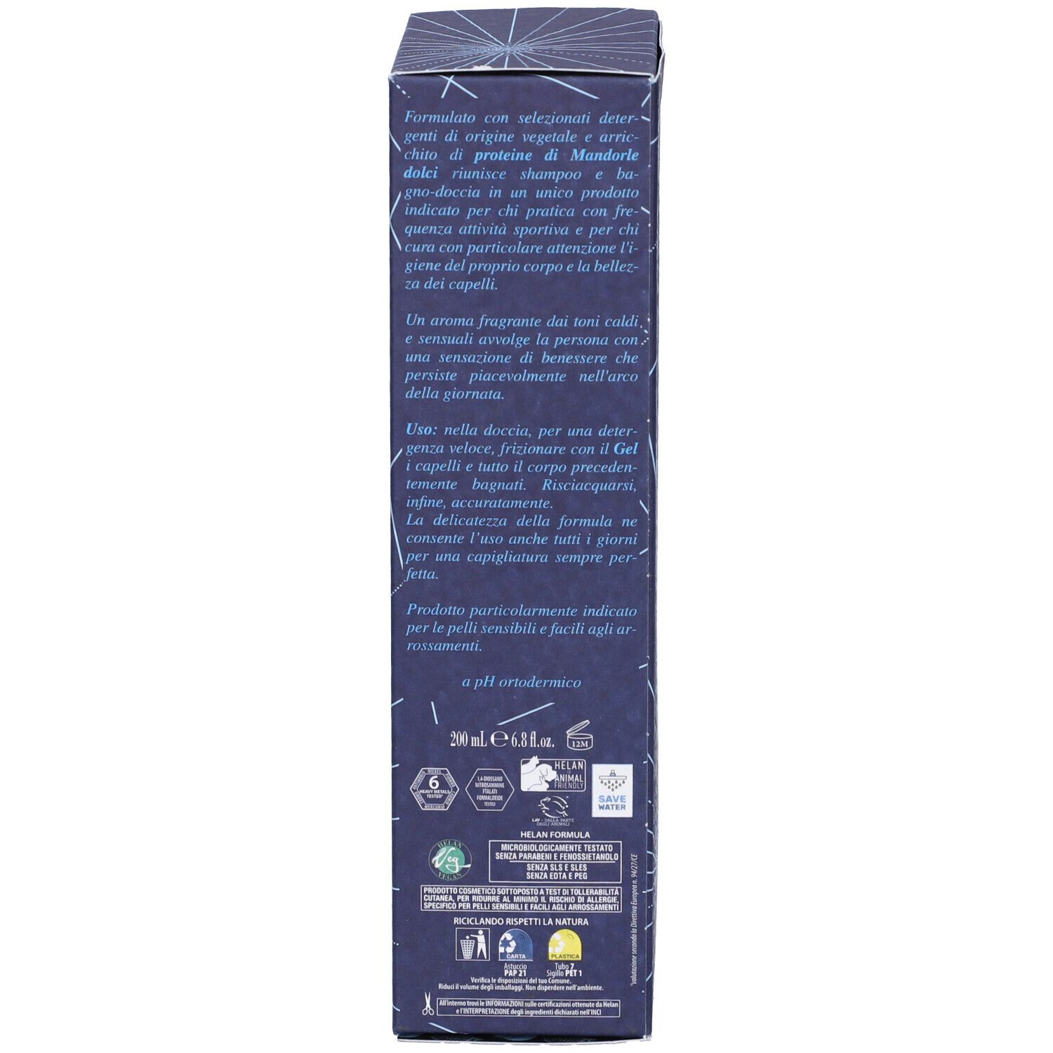 Retro della confezione. Testo: Ingredienti, istruzioni. Loghi e QR code.