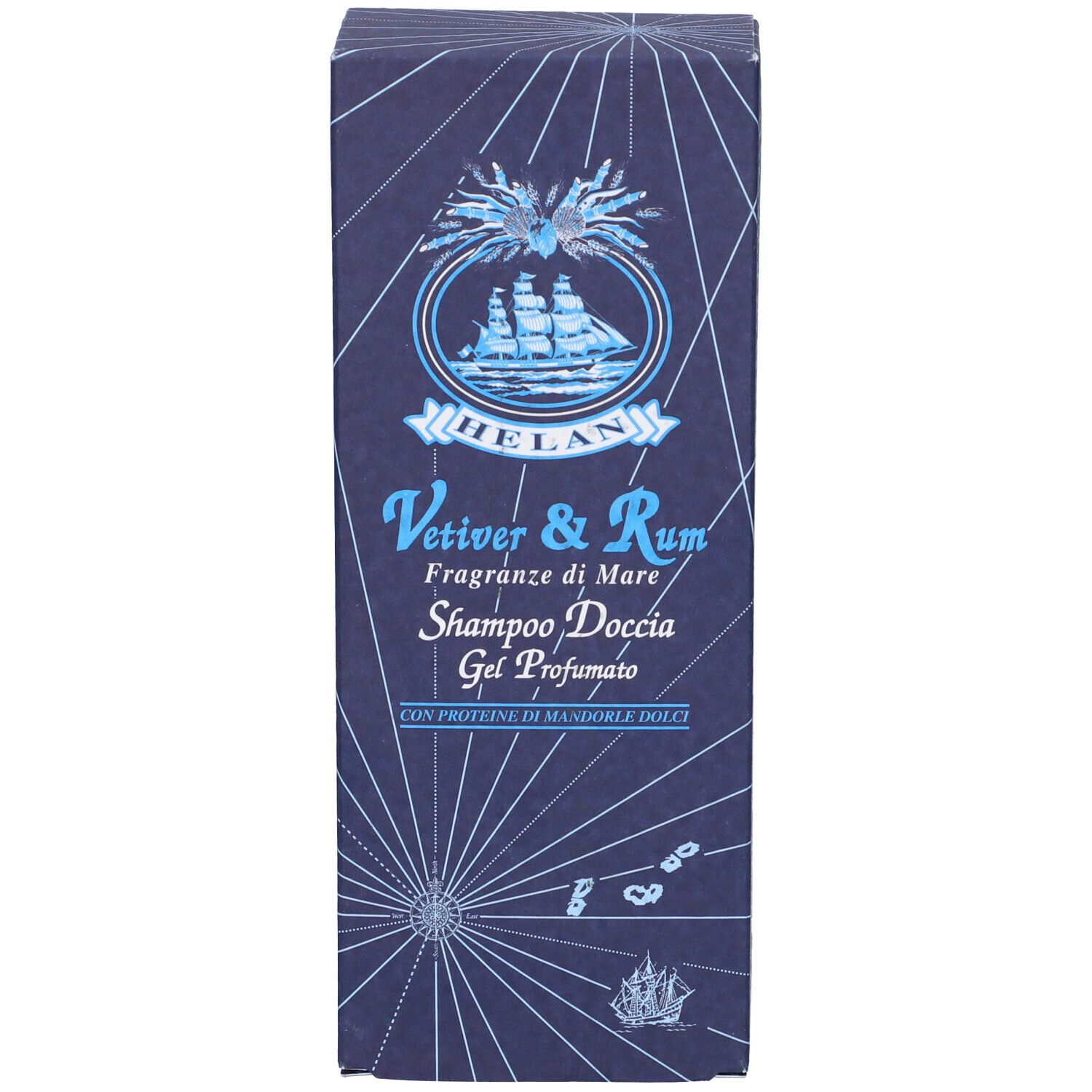 Confezione. Testo: HELAN, Vetiver & Rum, Shampoo Doccia Gel Profumato. Logo nave.