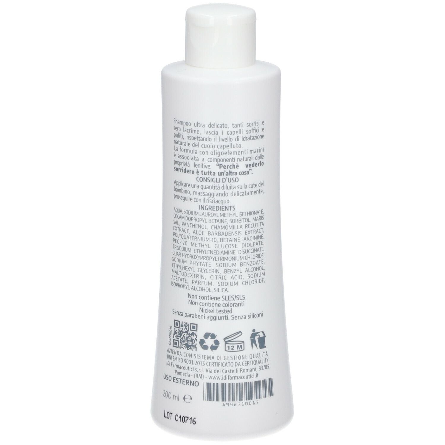 Retro di un flacone bianco con tappo bianco. Testo ed elenco ingredienti. Codice QR ed etichetta di qualità.
