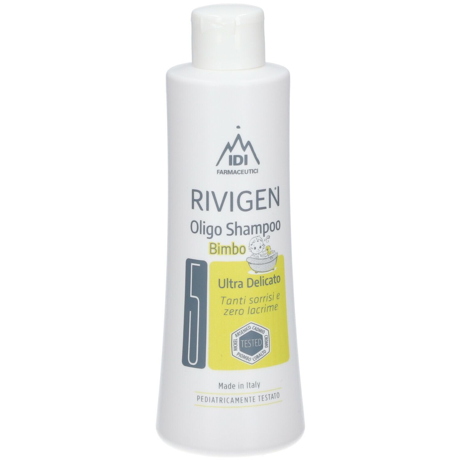 Flacone bianco con tappo bianco. Scritta: IDI, Rivigen Oligo Shampoo Bimbo. Etichetta gialla con testo e logo.