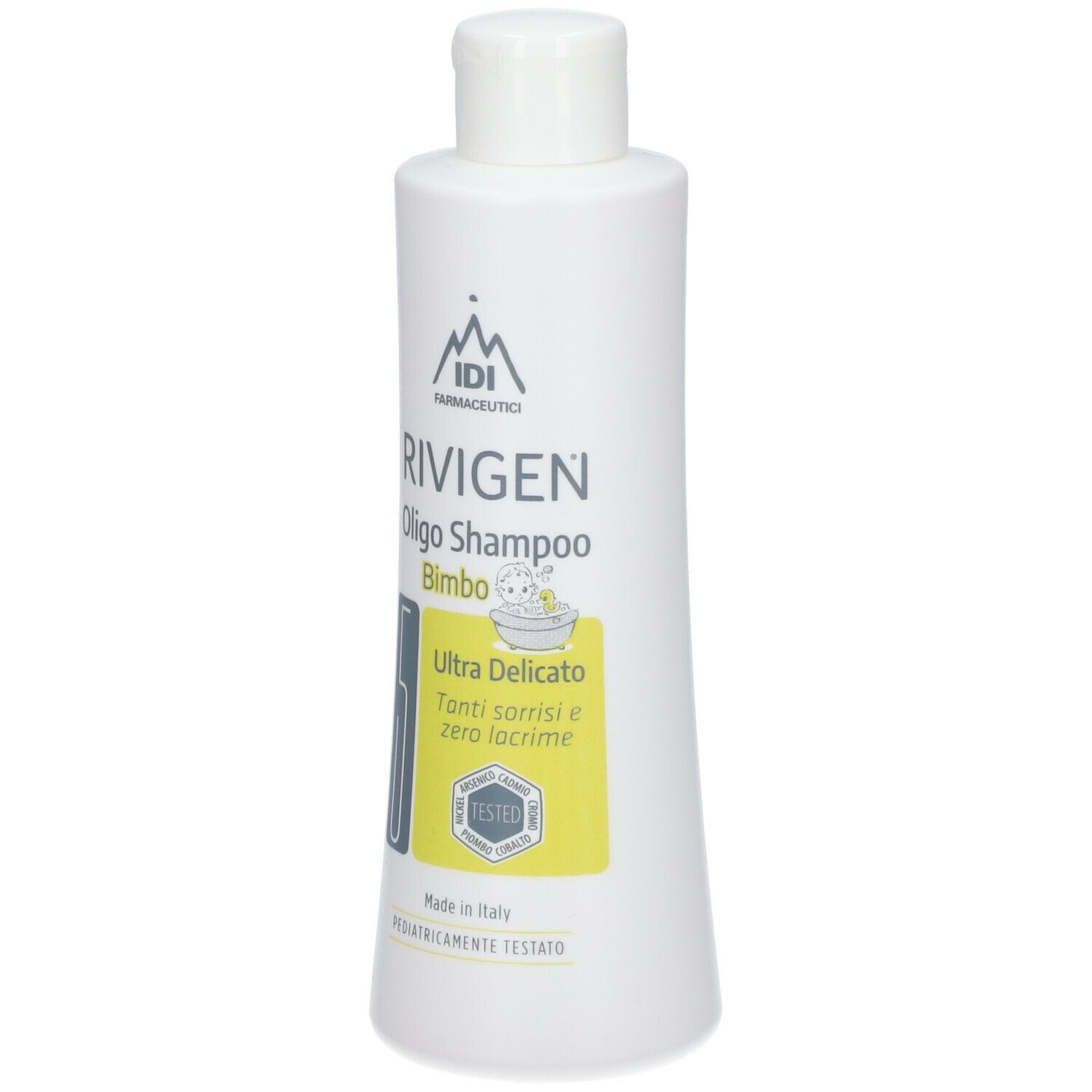 Flacone bianco con tappo bianco. Scritta: IDI, Rivigen Oligo Shampoo Bimbo. Etichetta gialla con testo e logo.
