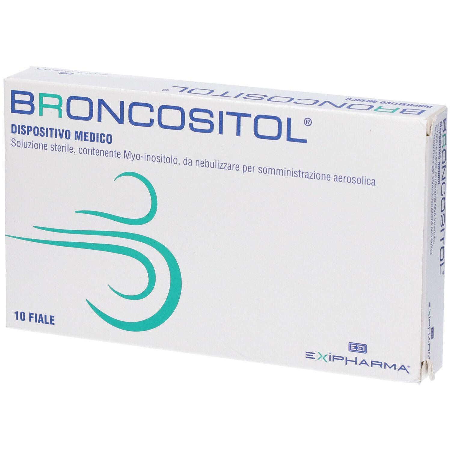 Scatola bianca "BRONCOSITOL". Contiene 10 fiale. Logo con linee verdi. Testo in italiano.