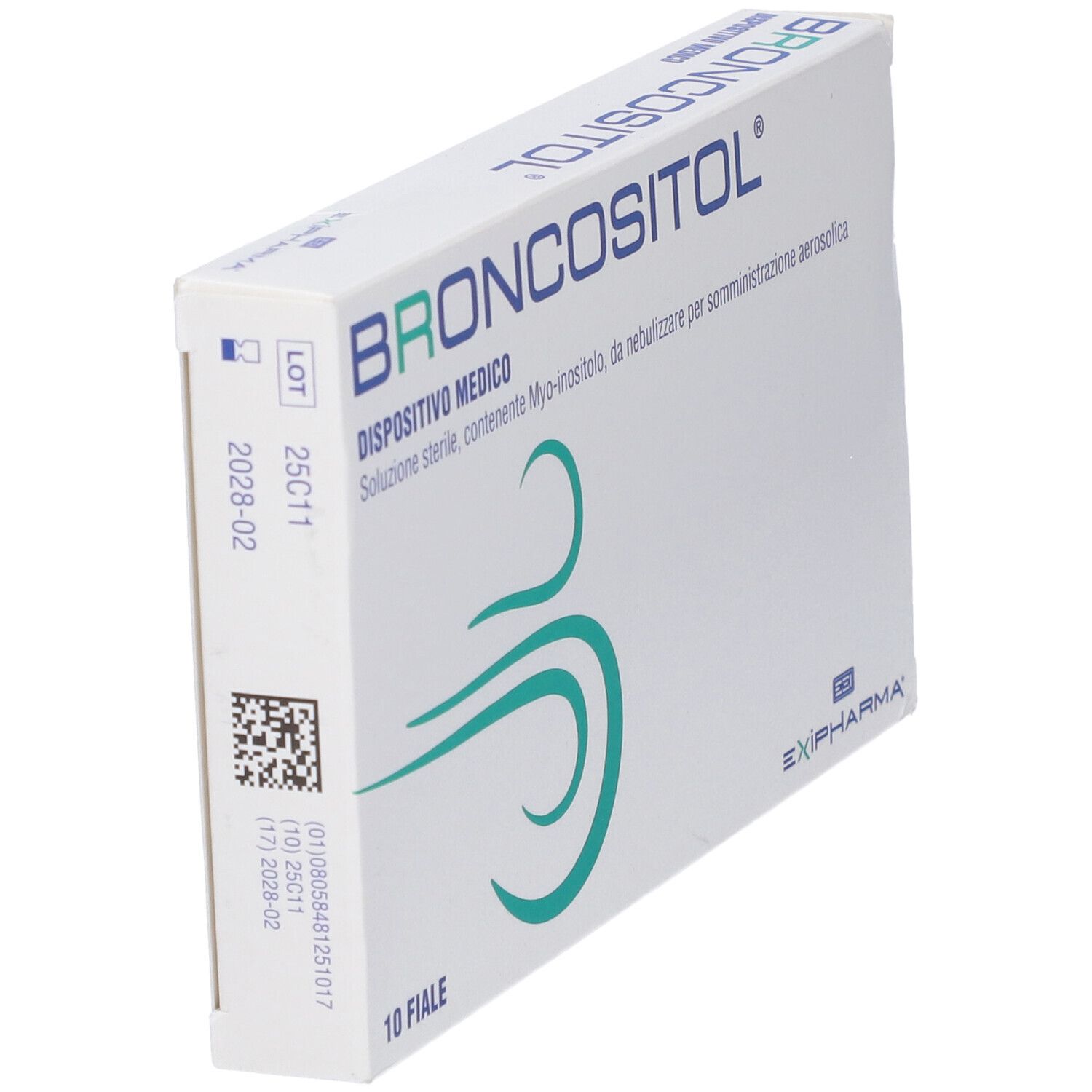 Scatola bianca "BRONCOSITOL". Contiene 10 fiale. Logo con linee verdi. Codice a barre e data di scadenza.