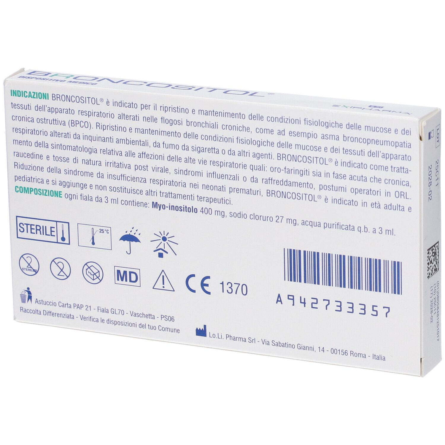 Retro scatola bianca "BRONCOSITOL". Testo in italiano. Simboli medici e marcatura CE.