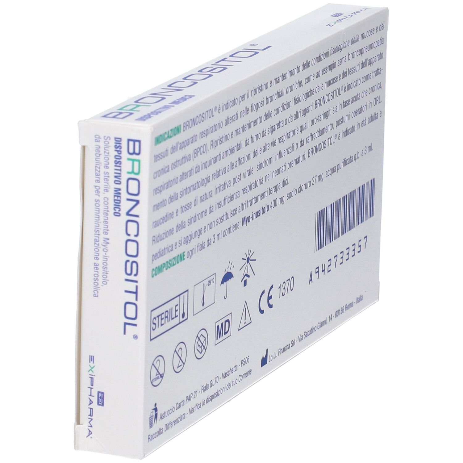 Scatola bianca "BRONCOSITOL". Testo in italiano. Simboli medici e marcatura CE.