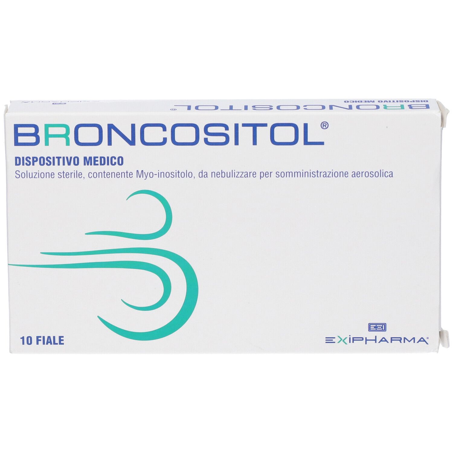 Scatola bianca "BRONCOSITOL". Contiene 10 fiale. Logo con linee verdi. Testo in italiano.