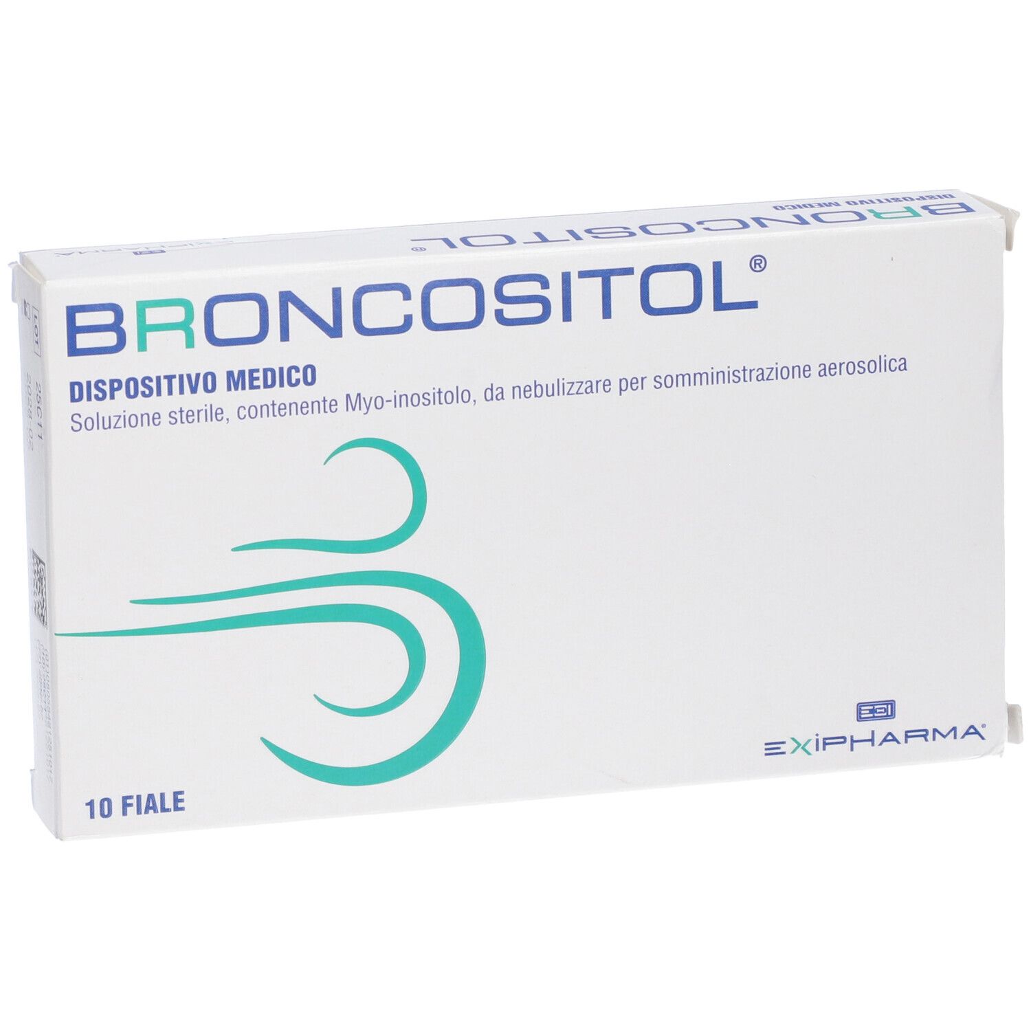 Scatola bianca "BRONCOSITOL". Contiene 10 fiale. Logo con linee verdi. Testo in italiano.