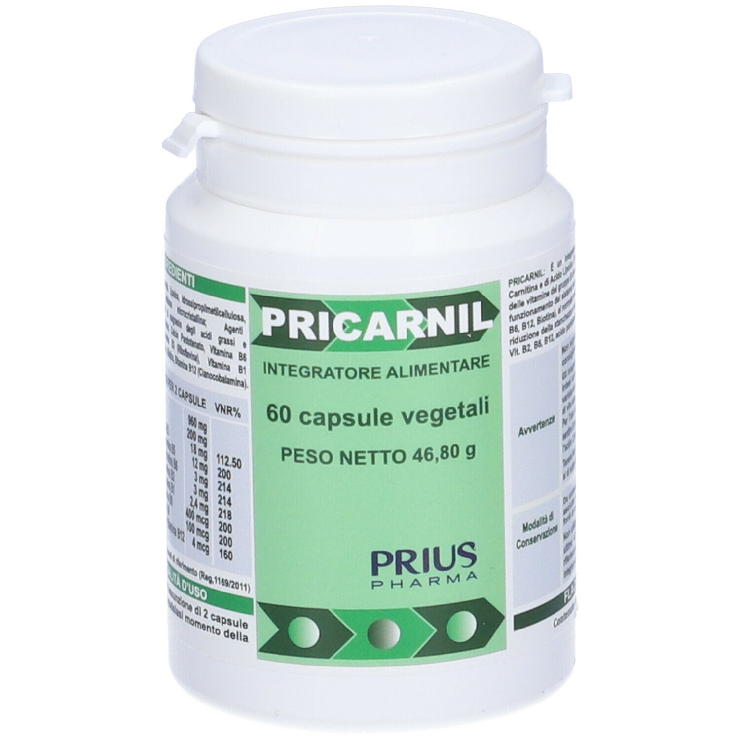 Flacone bianco "Pricarnil", 60 capsule. Marchio Prius Pharma.