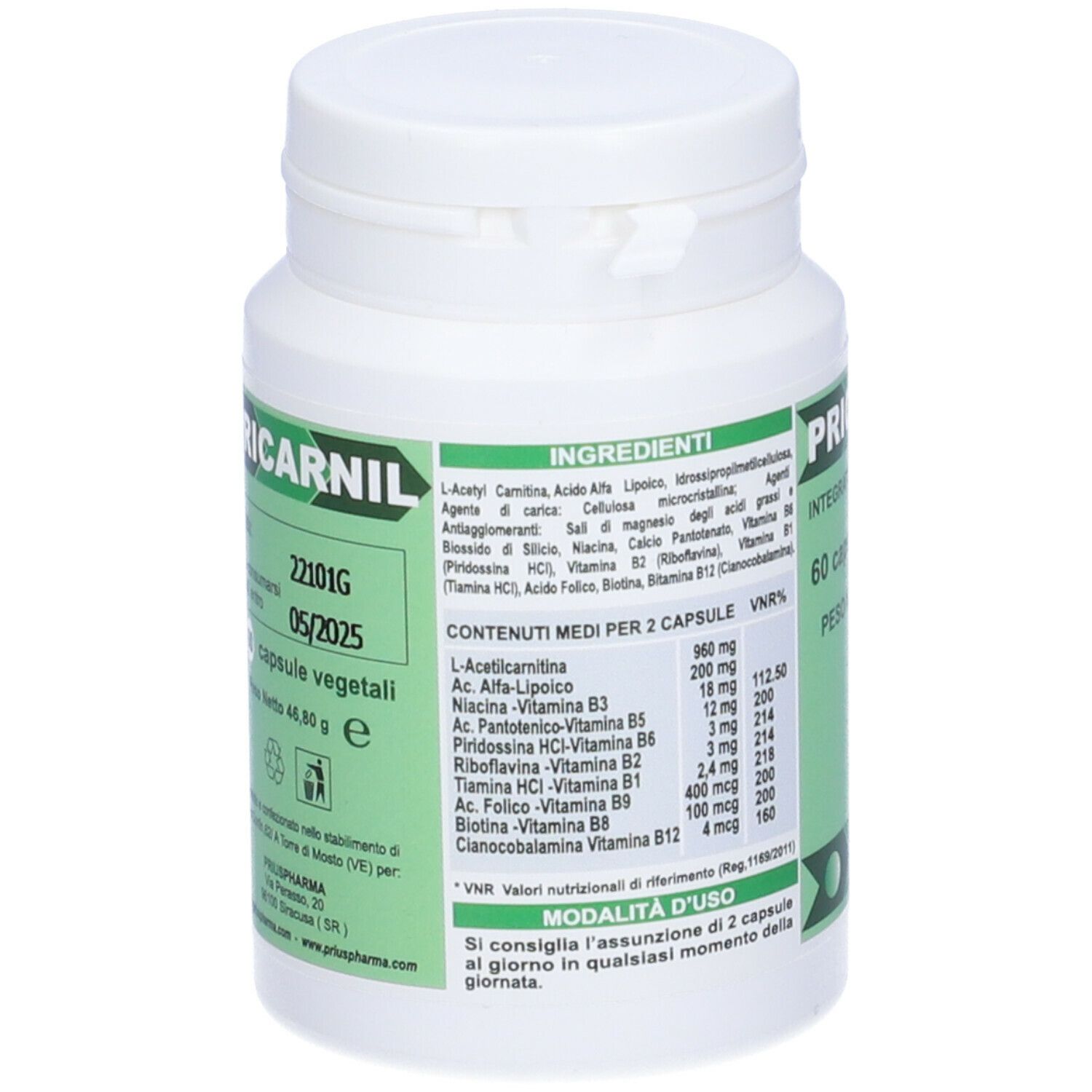 Flacone bianco "Pricarnil", 60 capsule. Ingredienti e modalità d'uso.