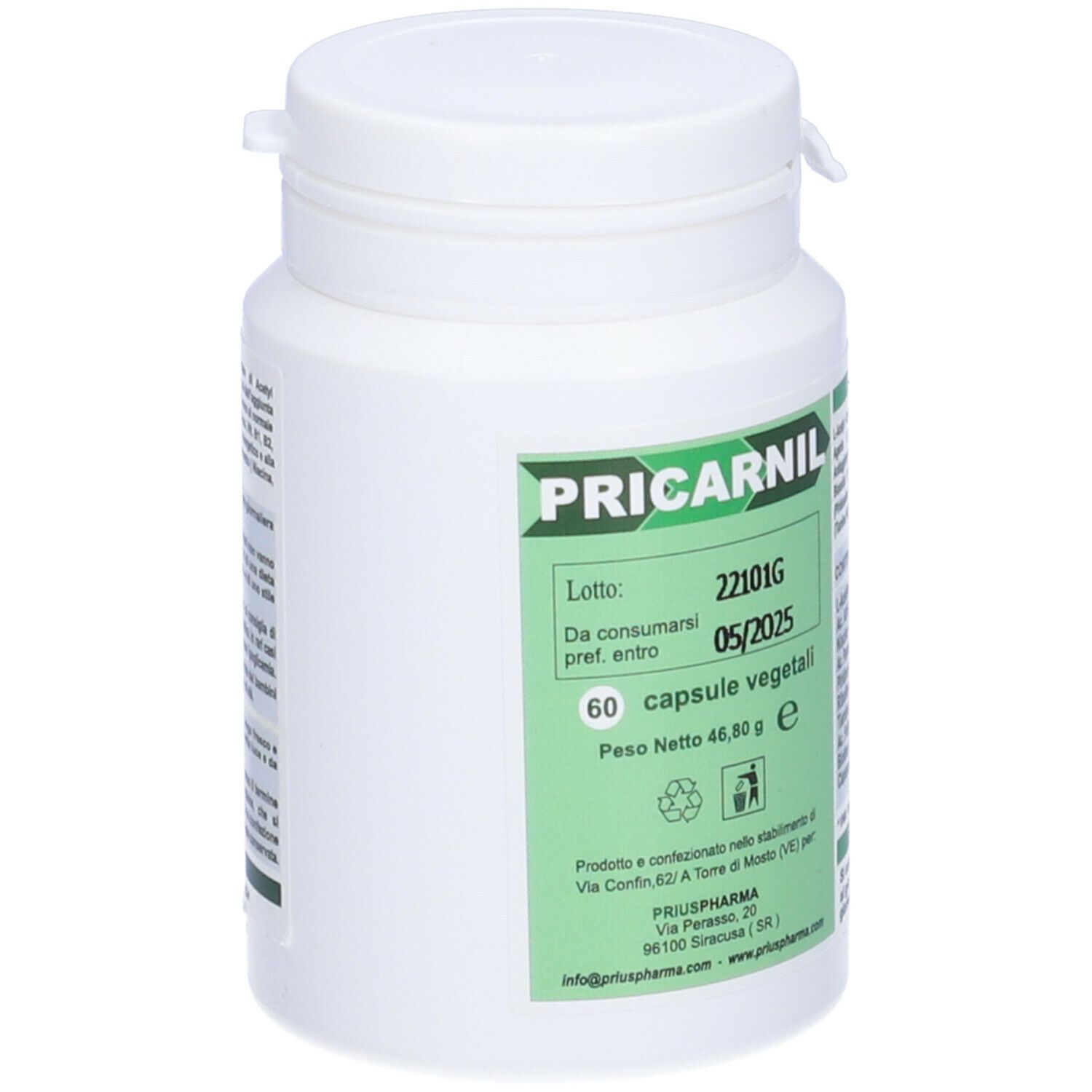Flacone bianco "Pricarnil", 60 capsule. Scadenza 05/2025.
