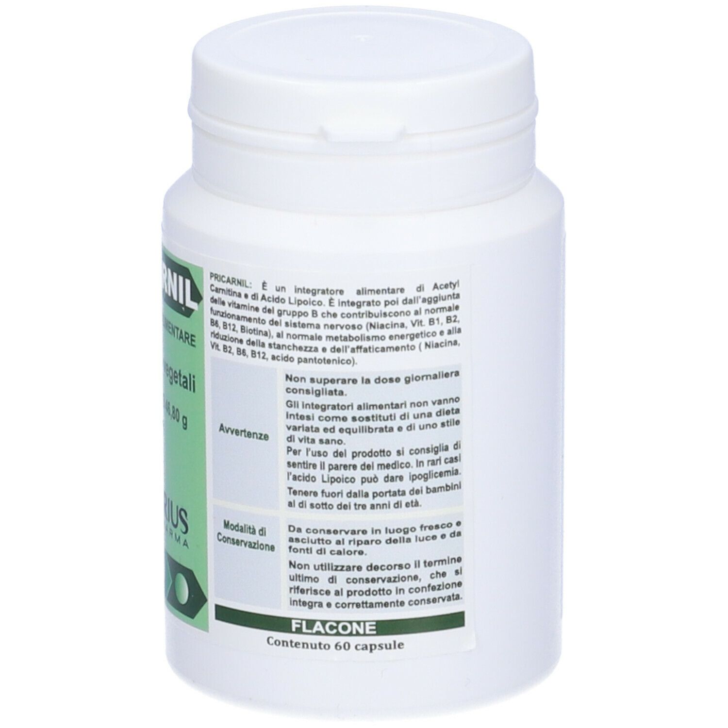 Flacone bianco "Pricarnil", 60 capsule. Modalità d'uso e avvertenze.