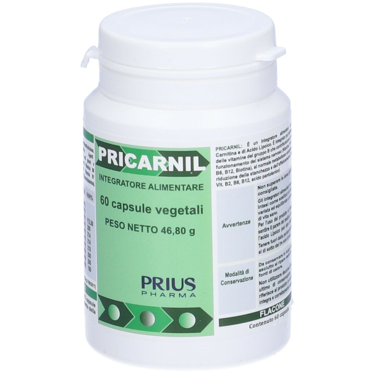 Flacone bianco "Pricarnil", 60 capsule. Marchio Prius Pharma.