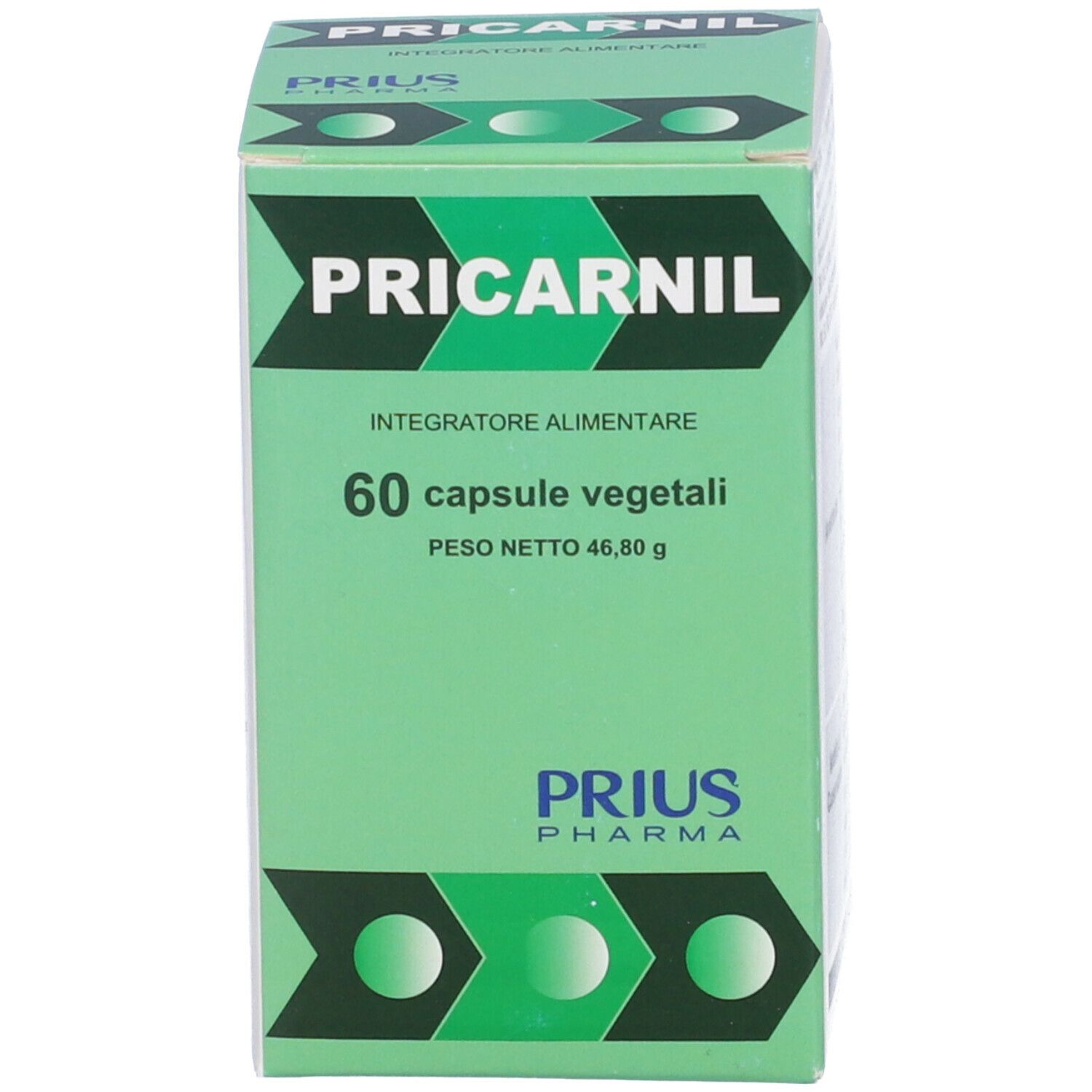 Scatola verde "Pricarnil", 60 capsule. Marchio Prius Pharma.