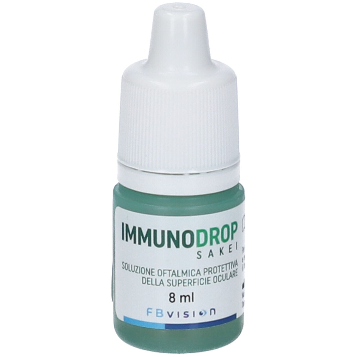 Flacone di collirio con tappo bianco. Scritta: IMMUNODROP, Sakei, Soluzione Oftalmica. 8 ml. FB Vision.