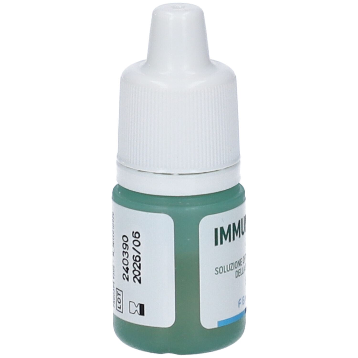Flacone di collirio con tappo bianco. Scritta: IMMUNODROP, Sakei, Soluzione Oftalmica. 8 ml. FB Vision. Numero di lotto.