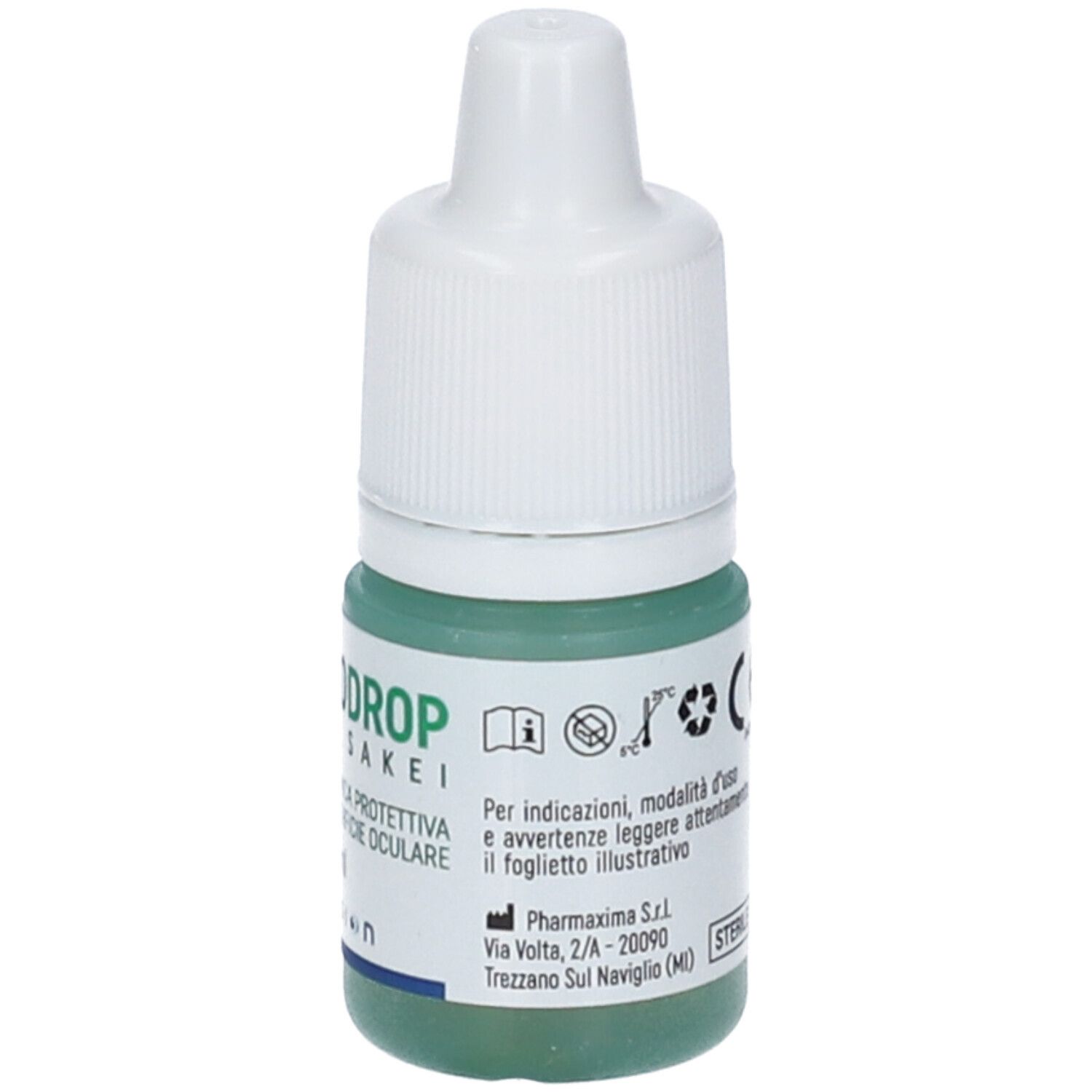 Flacone di collirio con tappo bianco. Scritta: IMMUNODROP, Sakei, Soluzione Oftalmica. 8 ml. FB Vision. Con istruzioni.