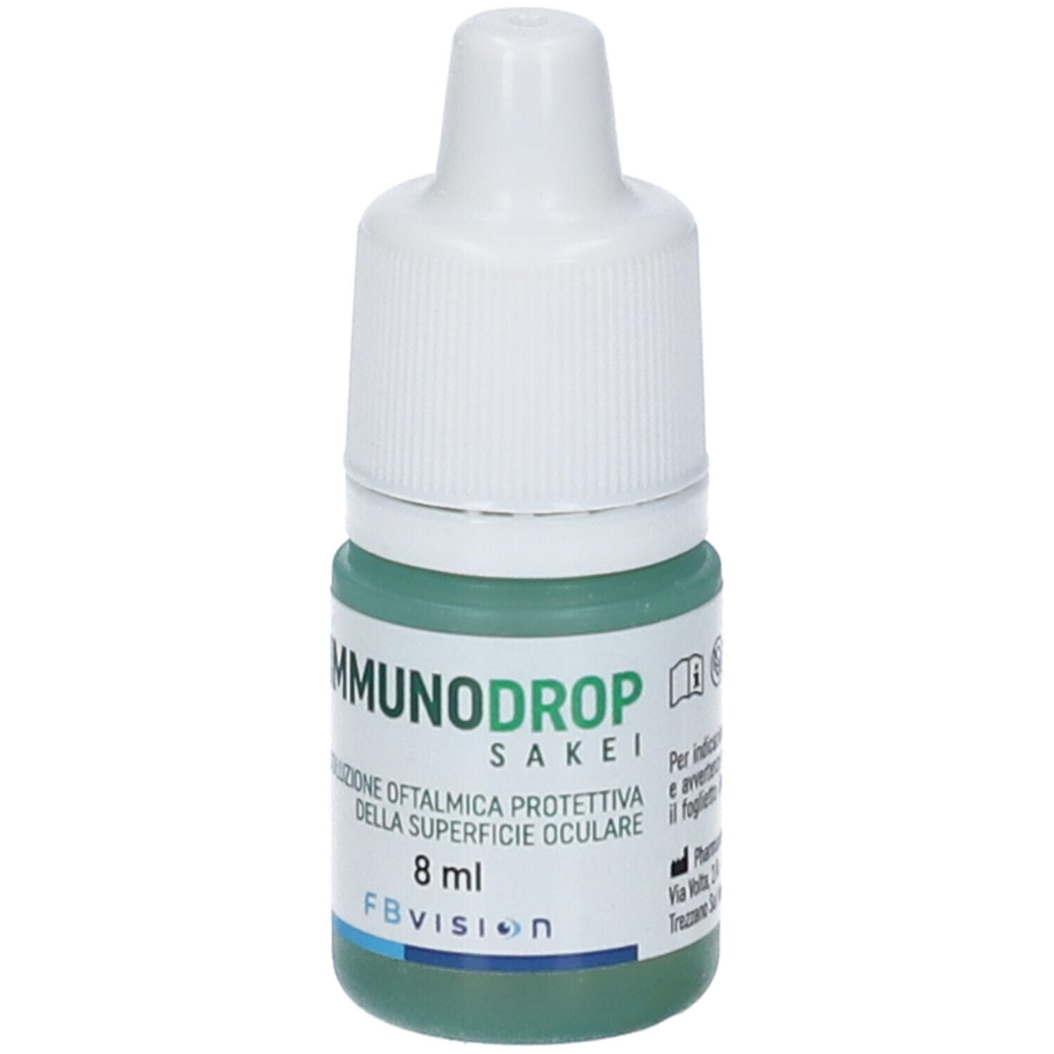 Flacone di collirio con tappo bianco. Scritta: IMMUNODROP, Sakei, Soluzione Oftalmica. 8 ml. FB Vision. Con indirizzo del produttore.