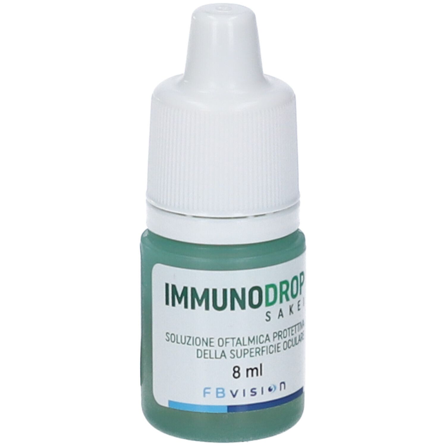 Flacone di collirio con tappo bianco. Scritta: IMMUNODROP, Sakei, Soluzione Oftalmica. 8 ml. FB Vision.