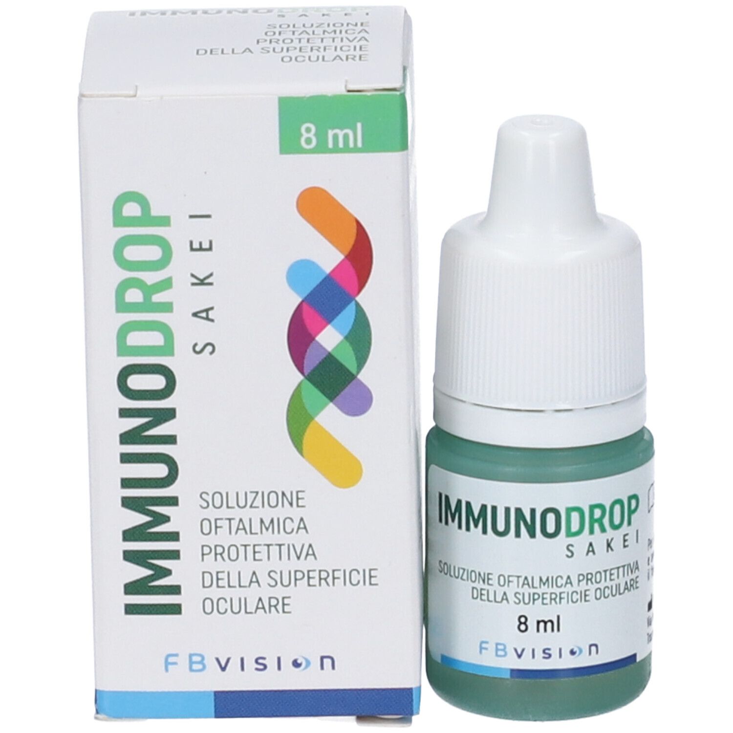 Flacone di collirio e confezione. Scritta: IMMUNODROP, Sakei, Soluzione Oftalmica. 8 ml. FB Vision. Confezione con logo.