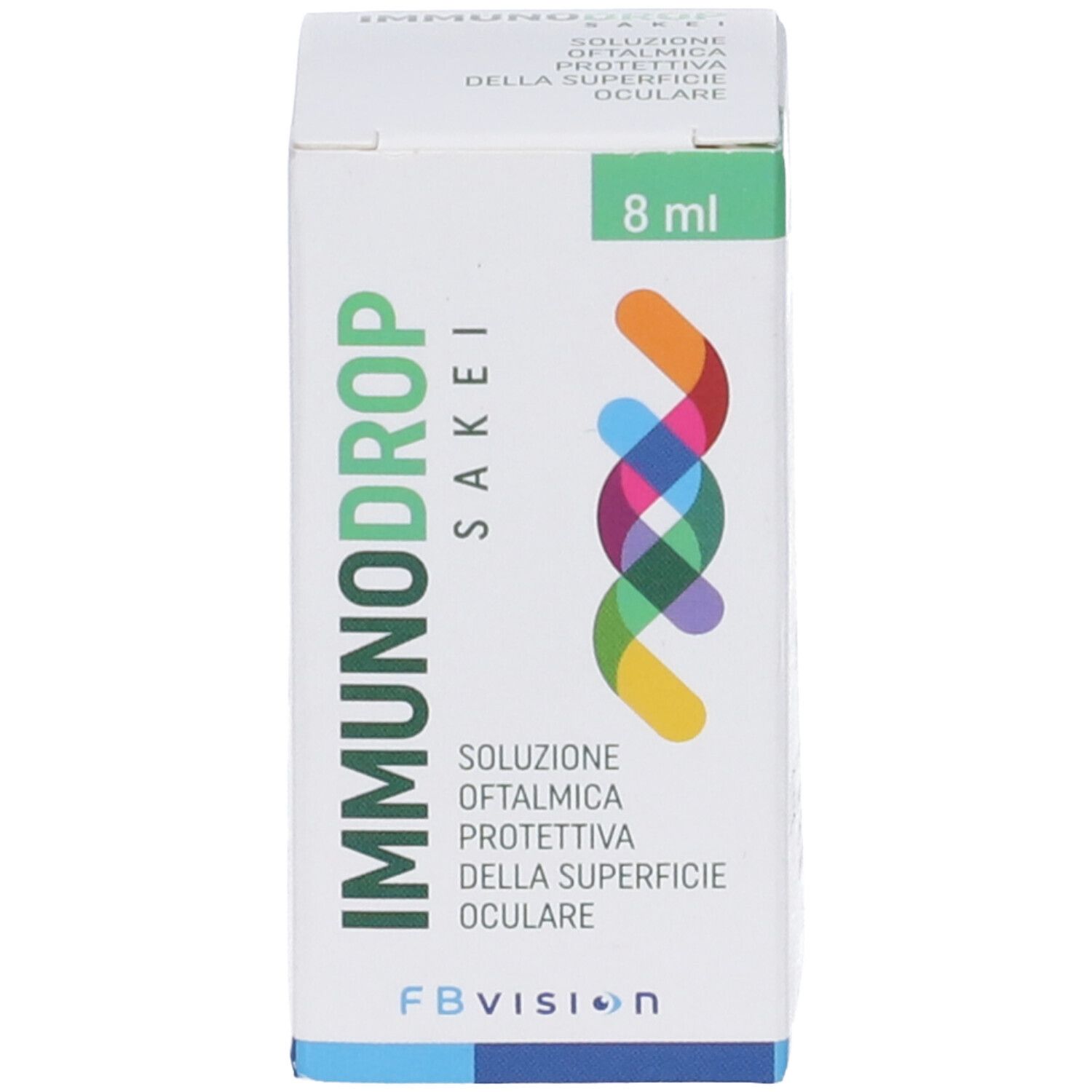 Confezione per collirio. Scritta: IMMUNODROP, Sakei, Soluzione Oftalmica. 8 ml. FB Vision. Confezione con logo.