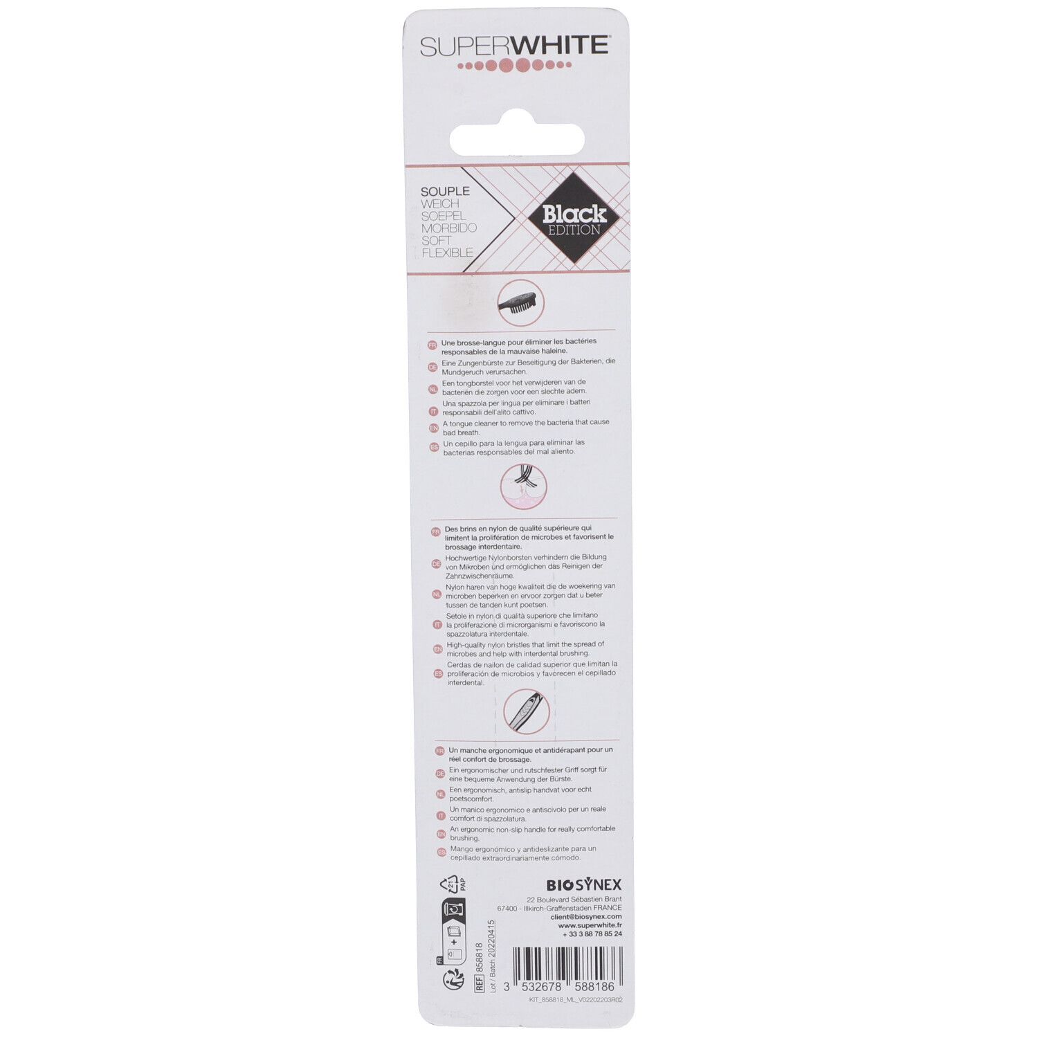 Retro della confezione dello spazzolino. Testo multilingue. Marchio Superwhite, edizione Black.