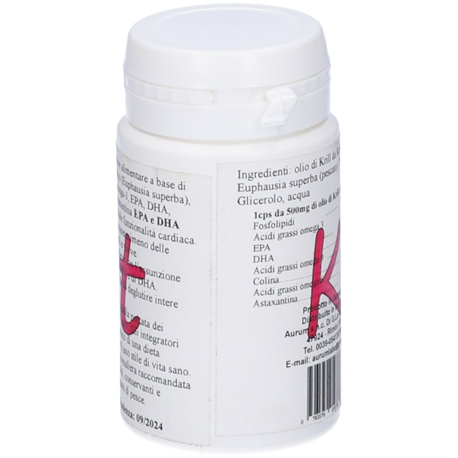 Flacone bianco KrilMet. Lato con informazioni sugli ingredienti in italiano. Testo e scrittura.