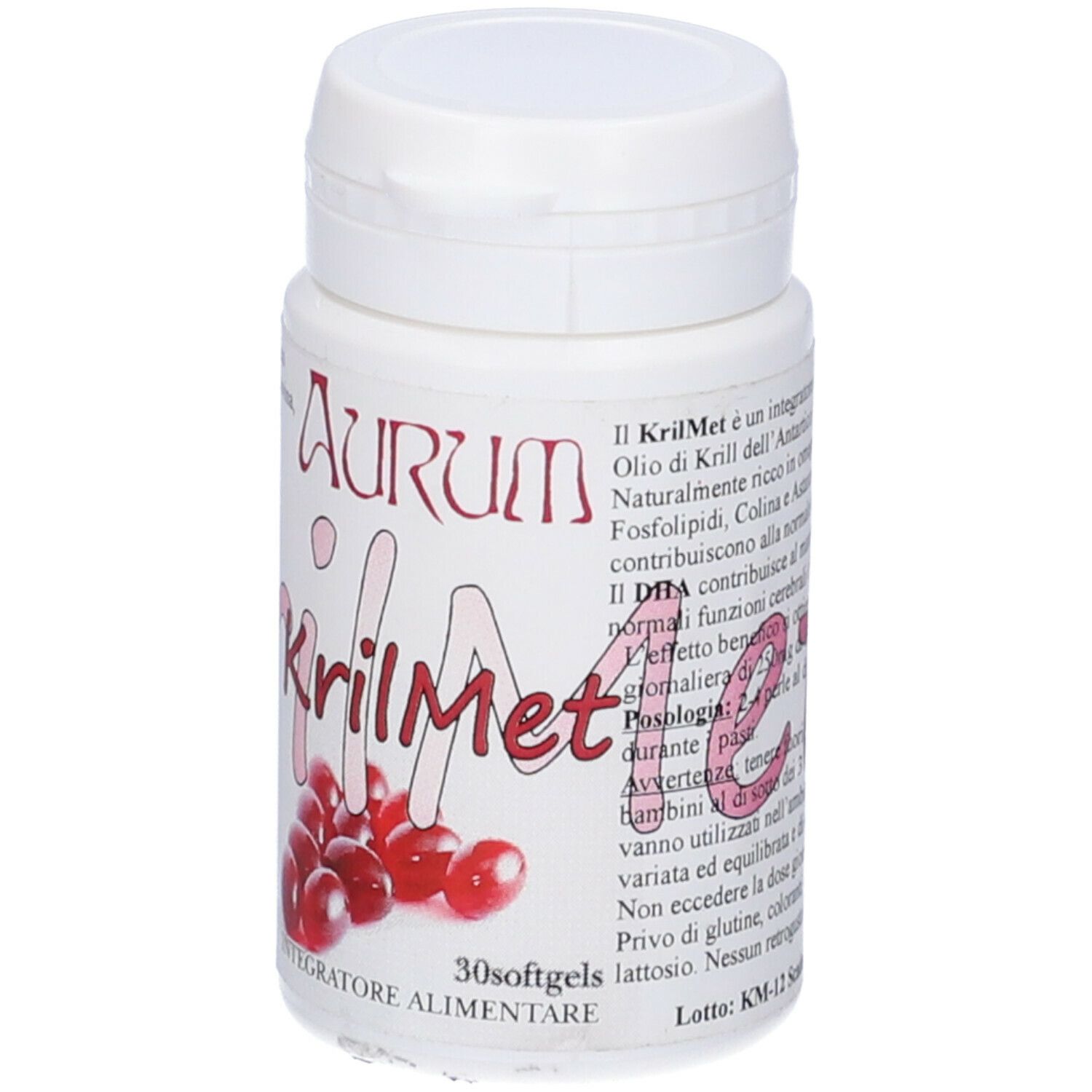 Flacone bianco con capsule KrilMet. Scritta AURUM e KrilMet. 30 softgels. Illustrazione rossa di capsule.