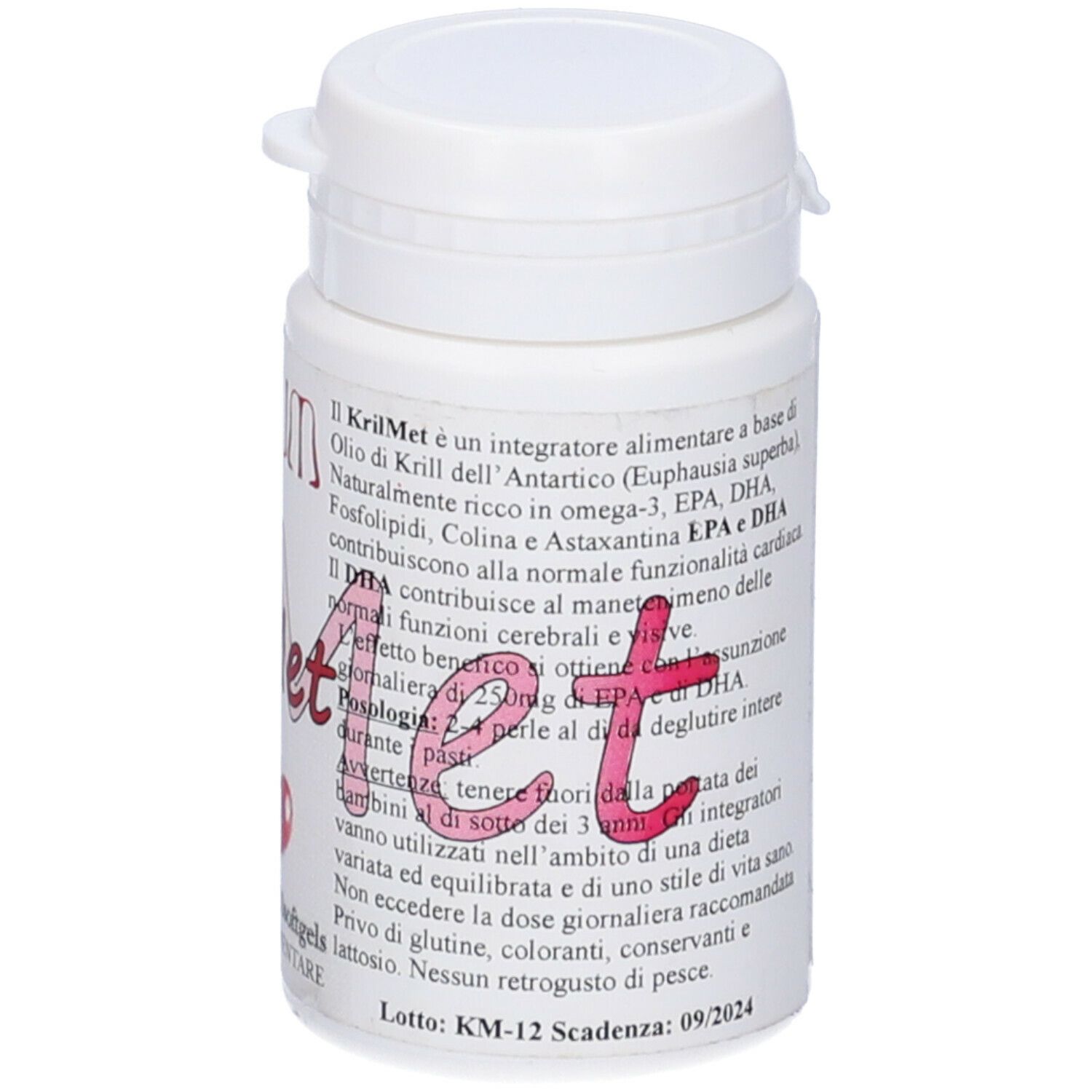 Flacone bianco con capsule KrilMet. Scritta AURUM e KrilMet. 30 softgels. Illustrazione rossa di capsule.