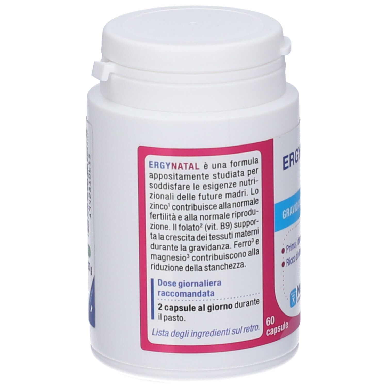 Contenitore capsule Ergynatal con indicazioni per integratori in gravidanza.