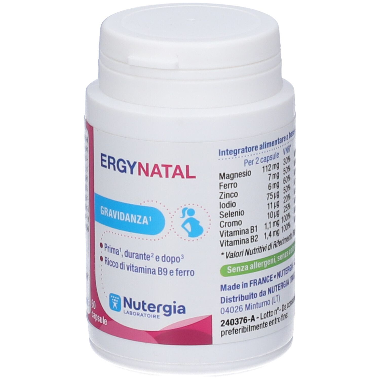 Integratore alimentare Nutergia ErgyNatal per la gravidanza, 60 capsule.