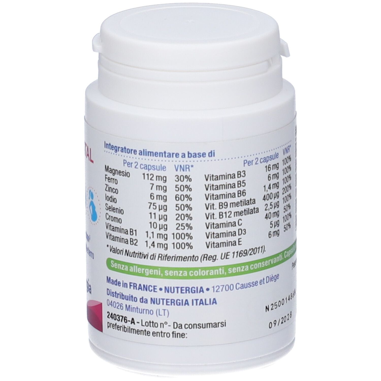 Barattolo bianco di integratori alimentari. Contiene vitamine e minerali.