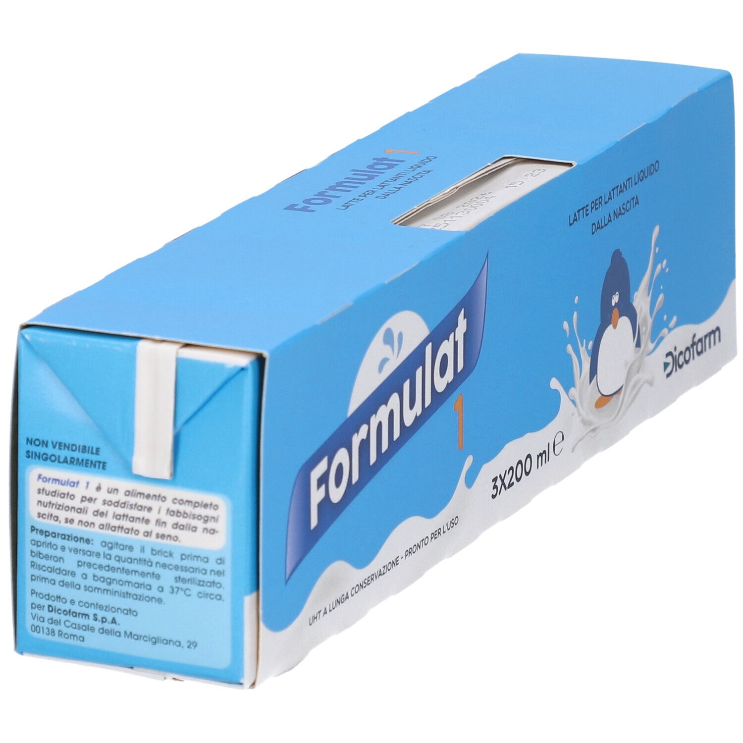 Confezione Formulat 1 da 3x200ml di latte per lattanti, vista laterale con informazioni sul prodotto.