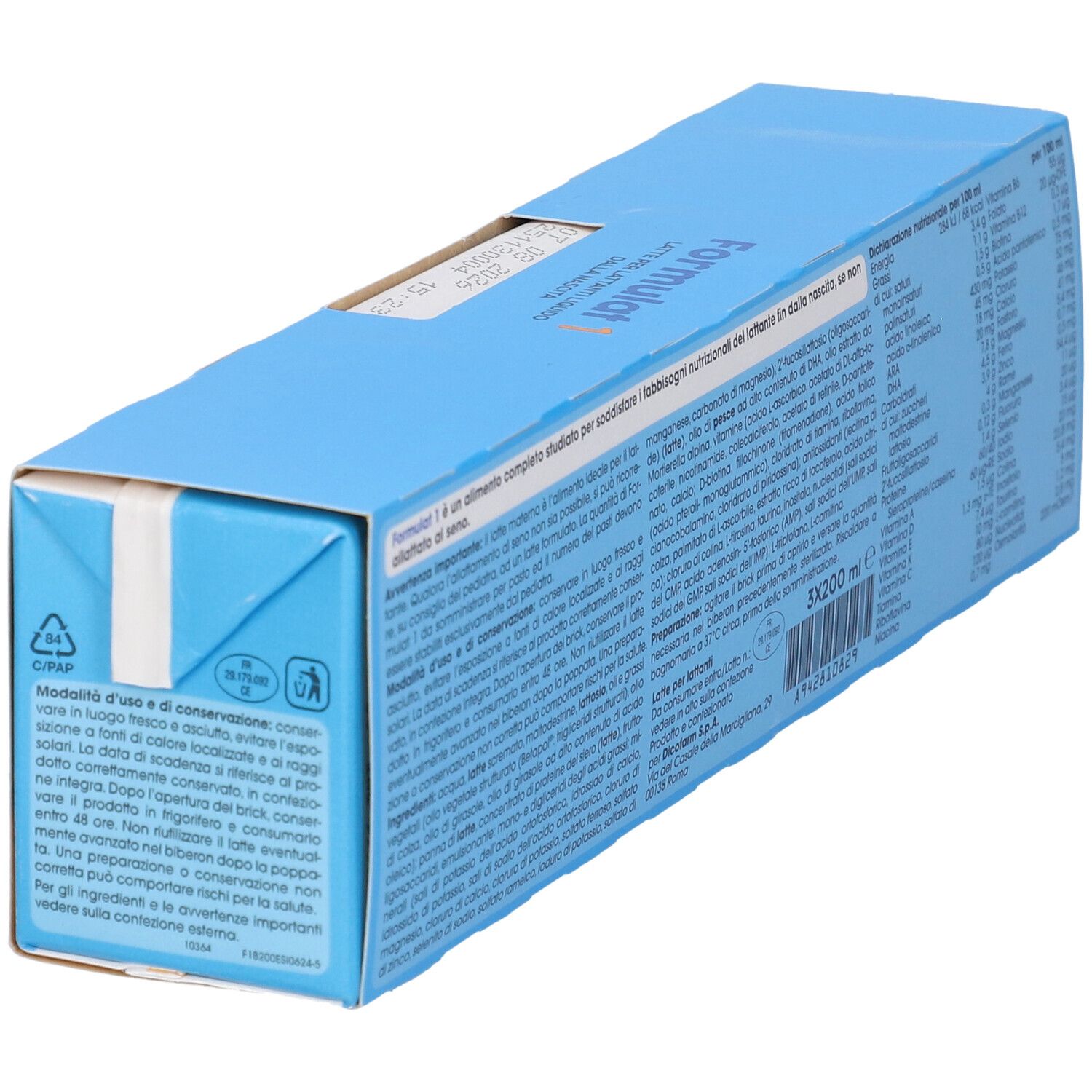 Vista laterale della confezione Formulat 1 (3x200ml) con simbolo di riciclo e istruzioni d'uso.