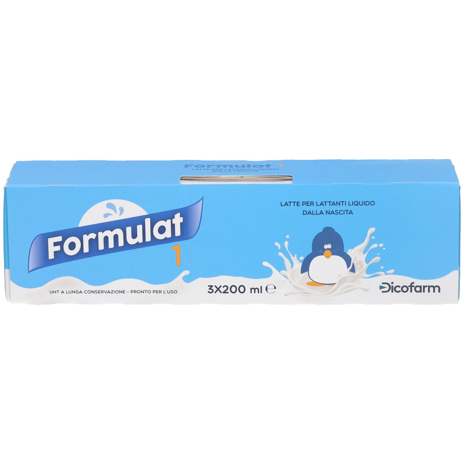 Confezione Formulat 1 da 3x200ml di latte per lattanti, con motivo pinguino e logo Dicofarm.