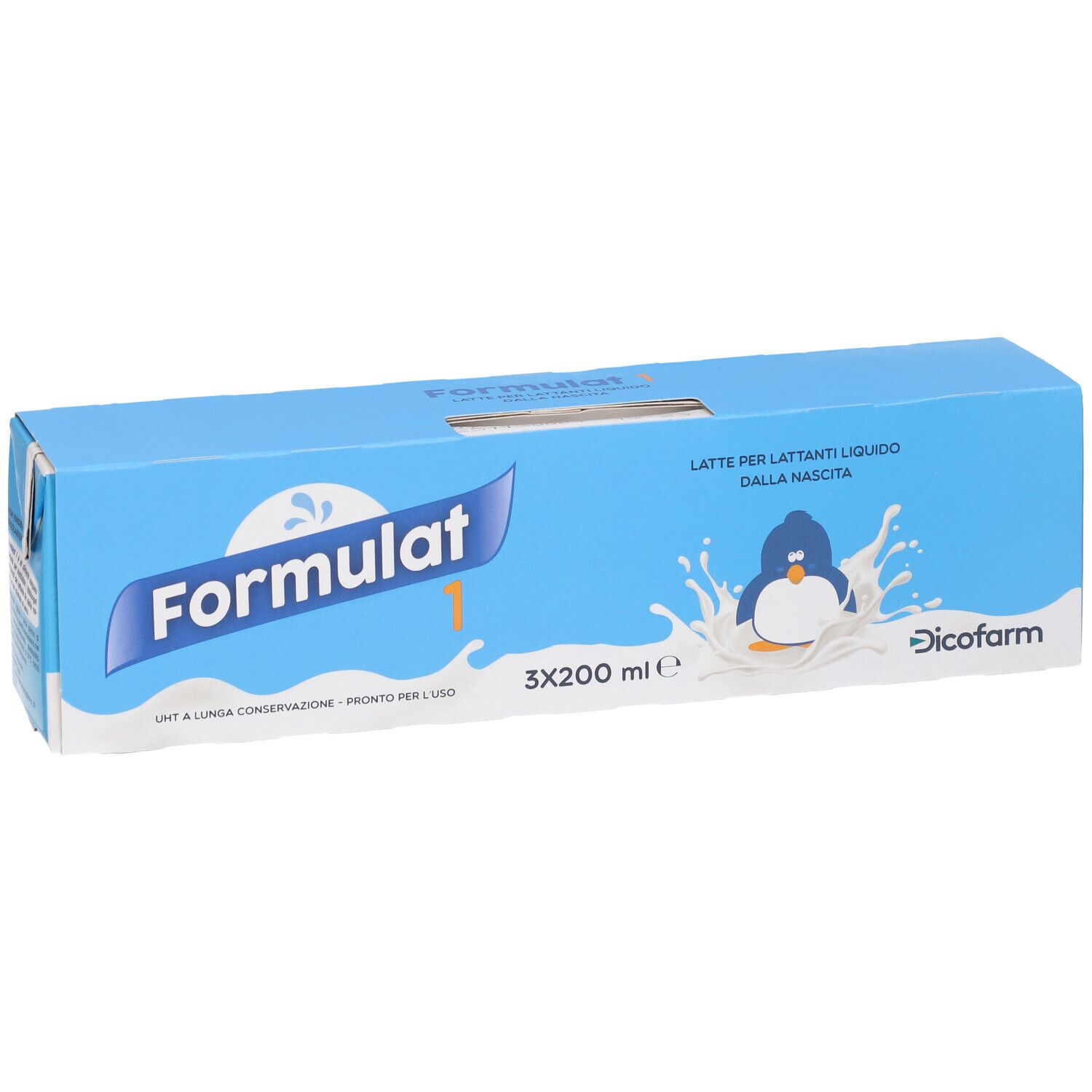 Confezione Formulat 1 da 3x200ml di latte per lattanti, con motivo pinguino e logo Dicofarm.