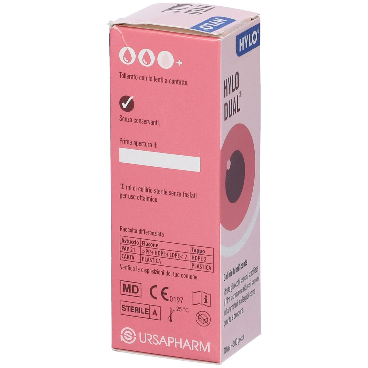 Confezione rosa con nome prodotto e illustrazione occhio. Testo: Collirio lubrificante. 10 ml - 300 gocce.