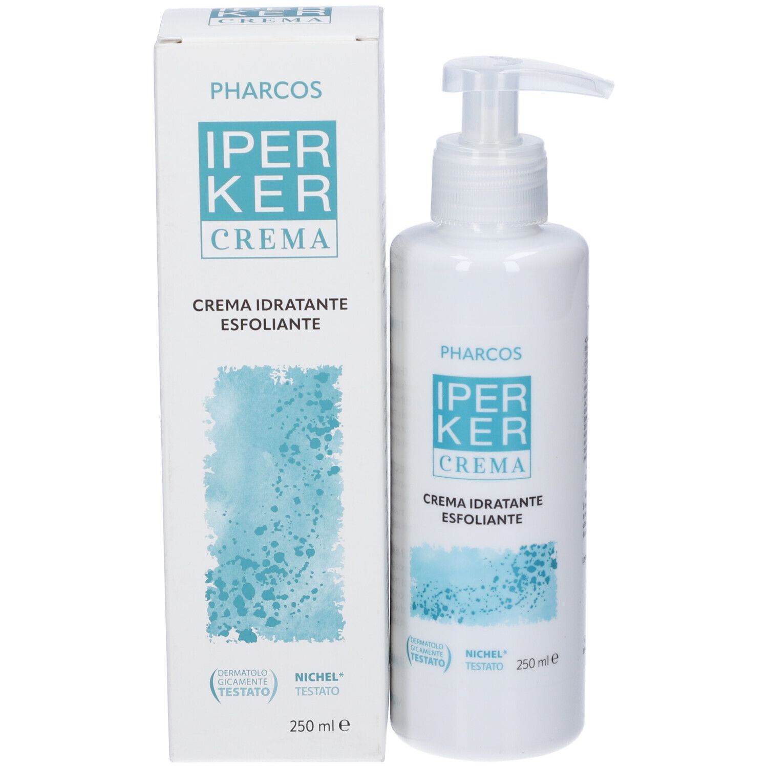 Flacone bianco con dosatore a pompa e scatola. Scritta: Pharcos Iperker Crema, crema idratante esfoliante. Con certificazioni.