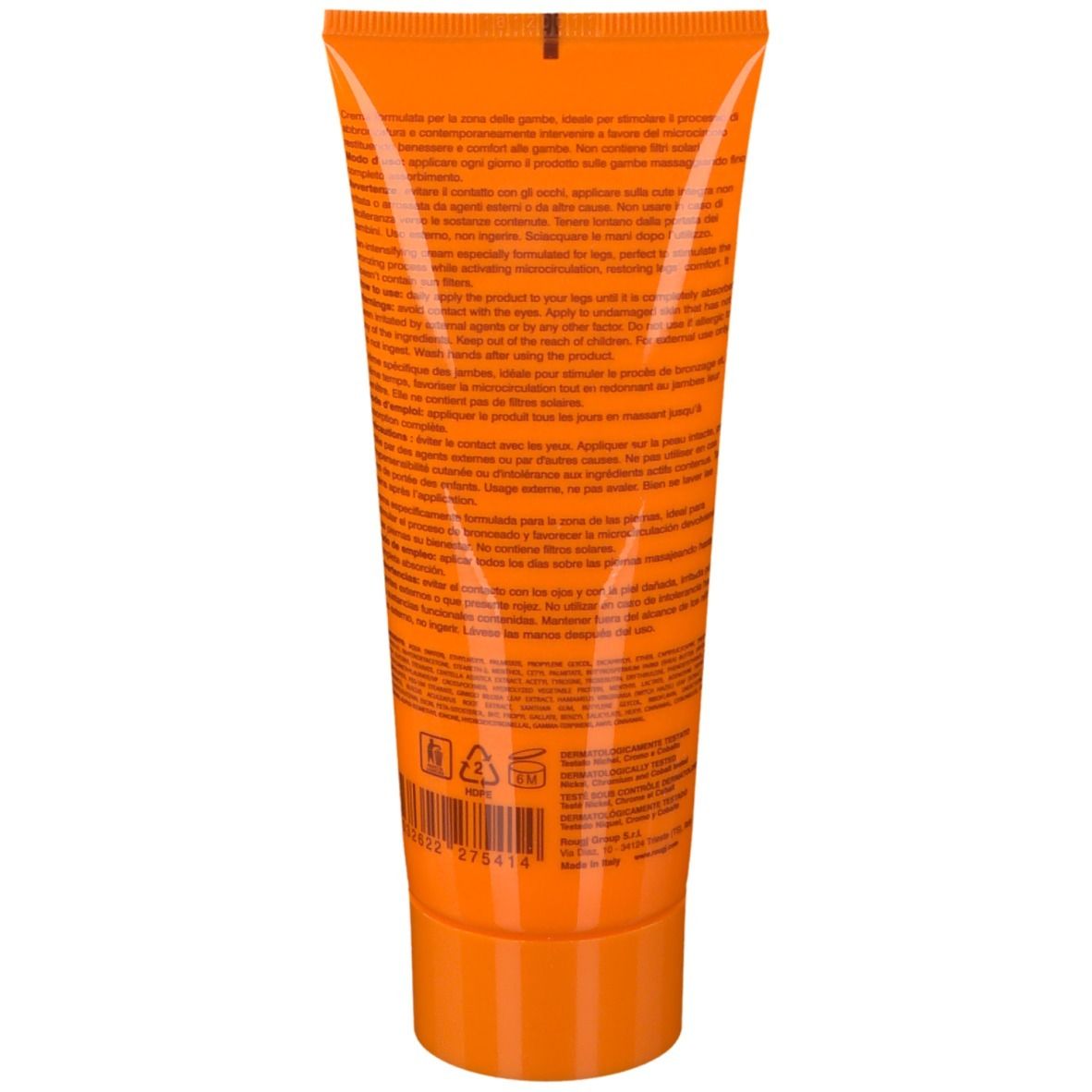 Retro di un tubo arancione con testo. Contiene informazioni e simboli.